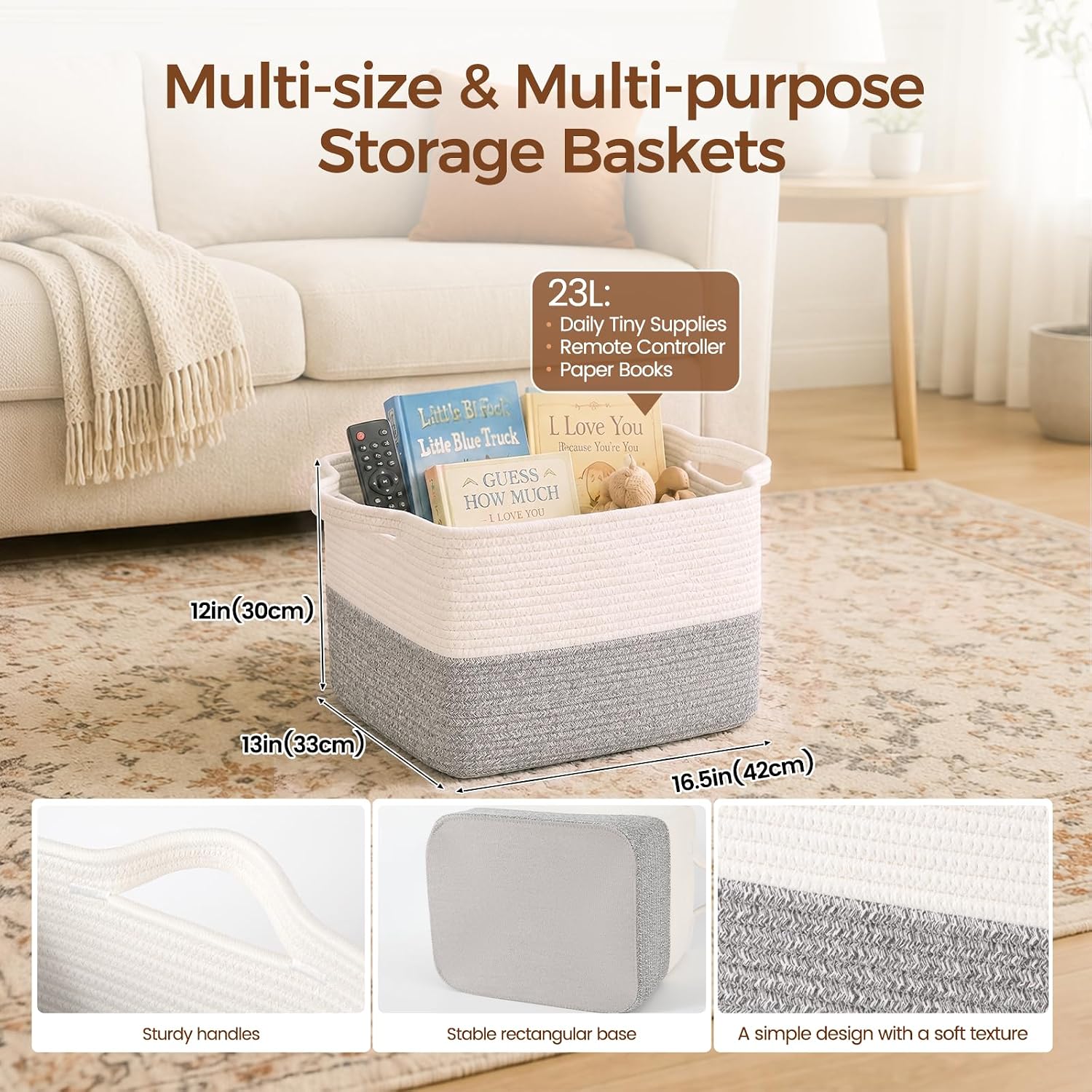 OIAHOMY Woven Storage Basket, Small Baskets for Organizing White & Grey image 4