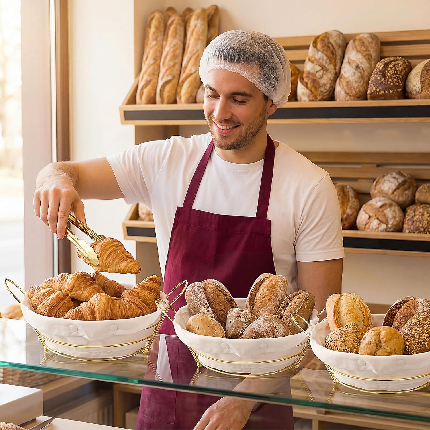 4 Pack Wire Bread Basket Set Metal Square Serving & Storage Container with Removable Liner and Tongs Must-have for Serving Spring Easter Dinner Feast(Gold,29.5 * 24 * 10 cm,Nature)