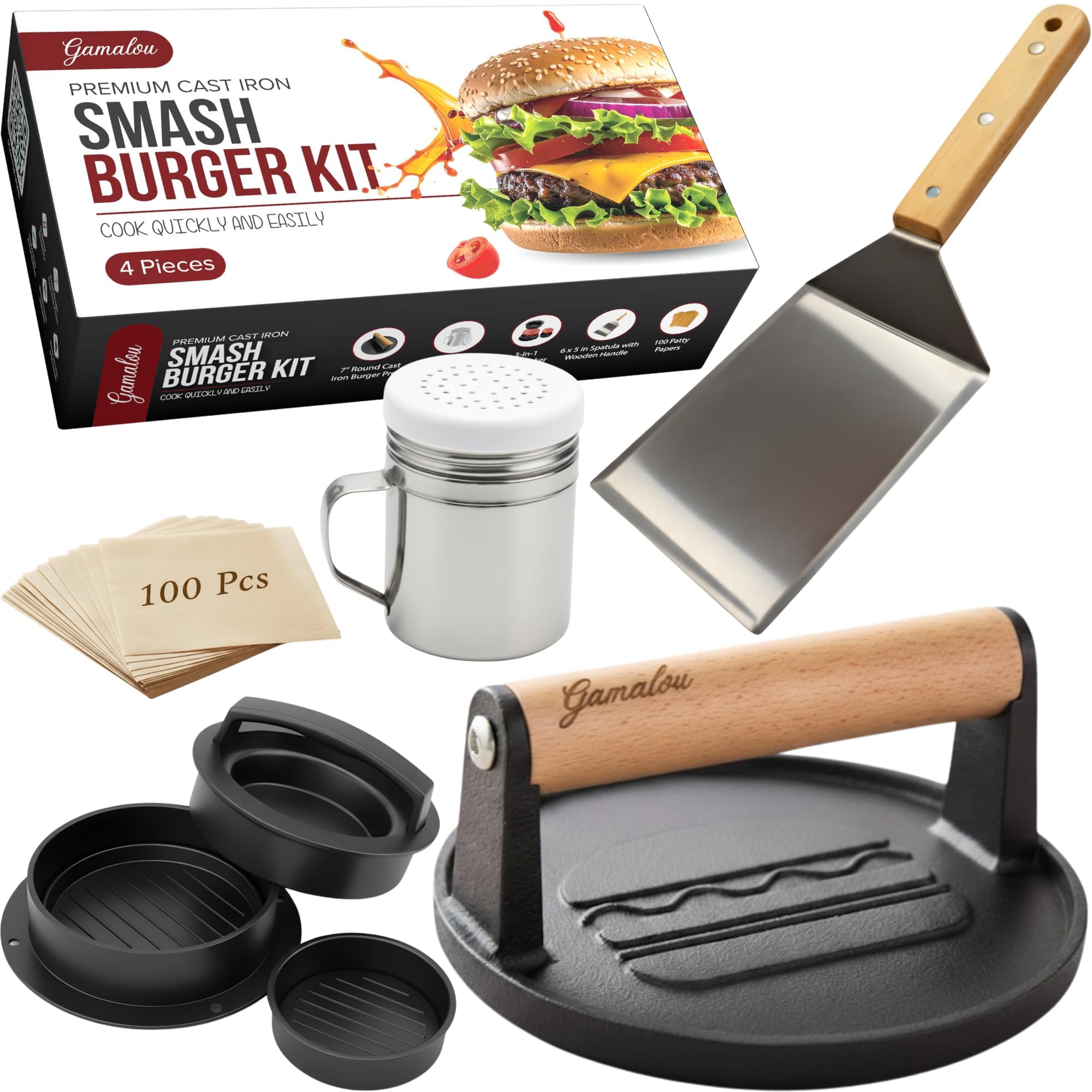 Gamalou® Smash Burger Press Kit, Heavy Duty 7" Cast Iron Smasher + 6x5 Stainless Steel Spatula, 3-in-1 Patty Maker, Seasoning Shaker & 100 Wax Papers for Griddle, Grill, BBQs & Fry Pan