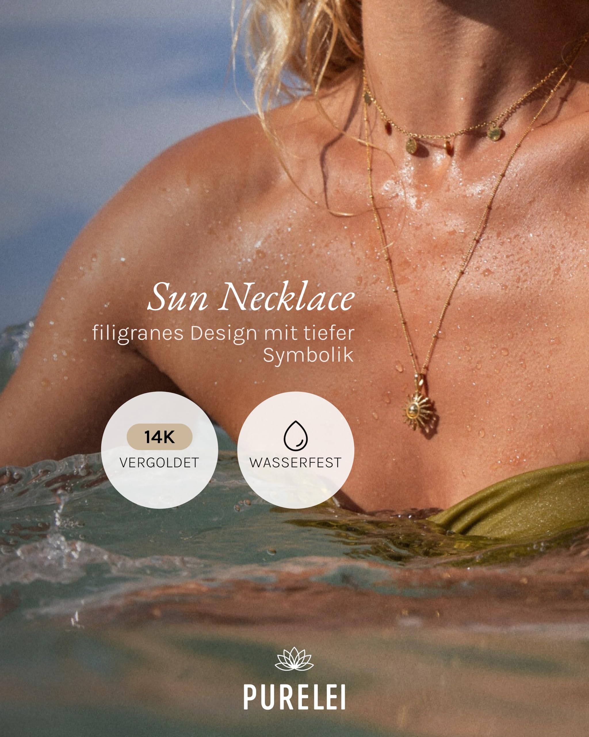 Purelei Sun Kette Damen – Halskette Damen aus langlebigem Edelstahl – Wasserfeste Kette mit Anhänger – 50-55 cm Länge verstellbar – Halskette für deinen individuellen Look