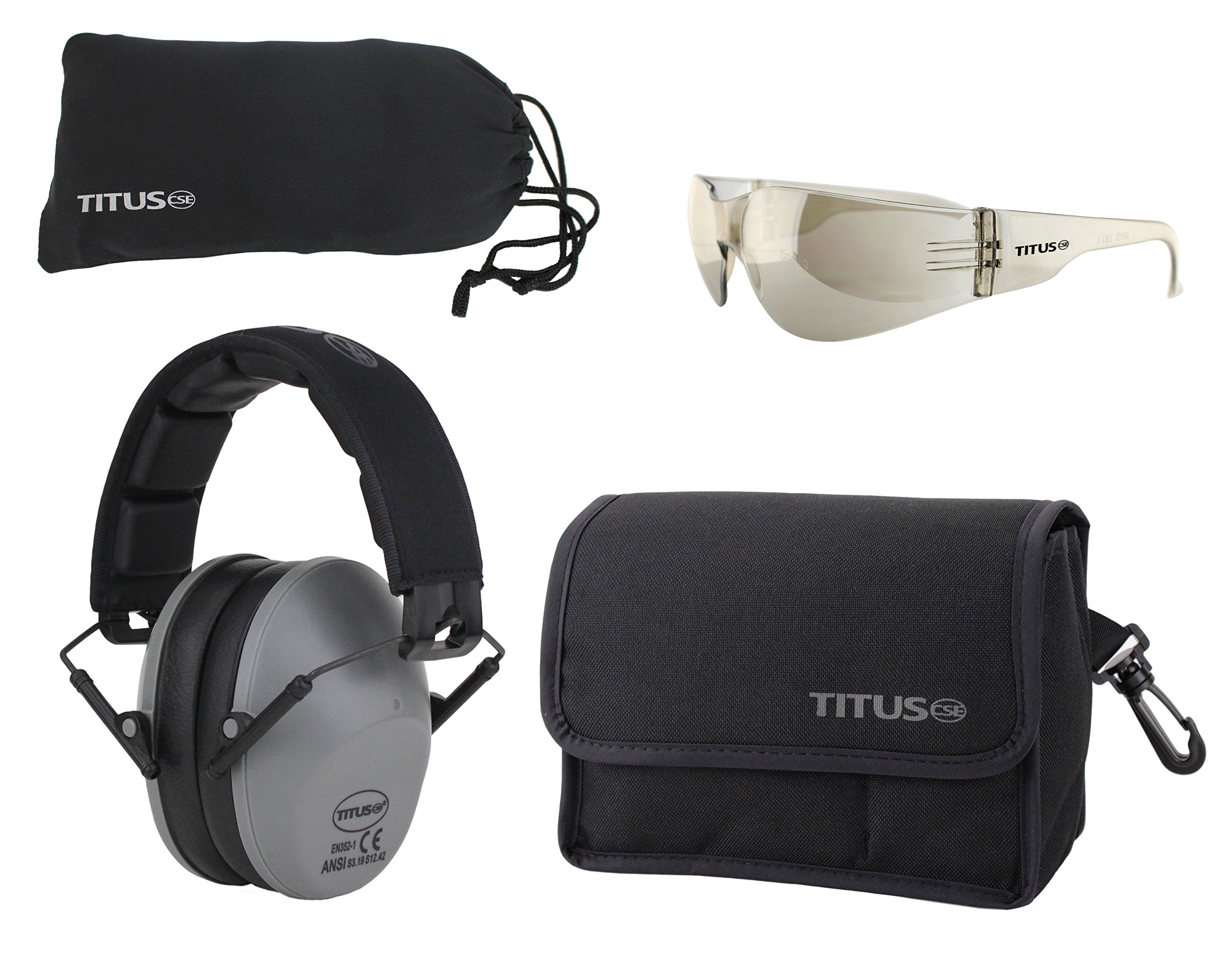 TITUS Slim-Line Safety Earmuffs and Glasses Combos (Grey - Slim, G8 Light Mirror Ice Wraps © - Z87+)