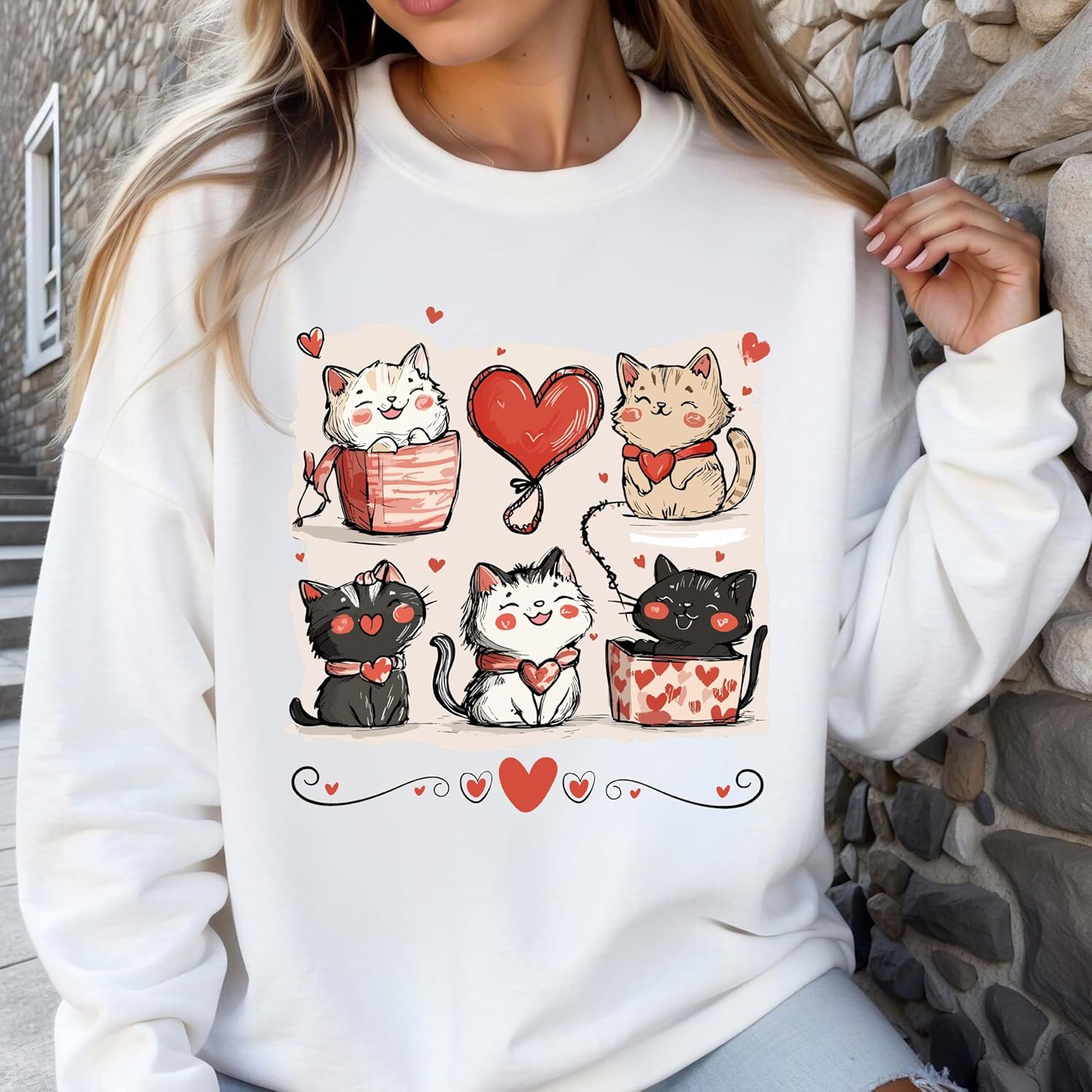 Cute Cat Love Sweatshirt, Valentine Cats Graphic Crewneck, Heart Cats Pullover for Women, Kawaii Catt Lover Sweatshirt, Cozy Romantic Gift Top Multicolor - Image 2