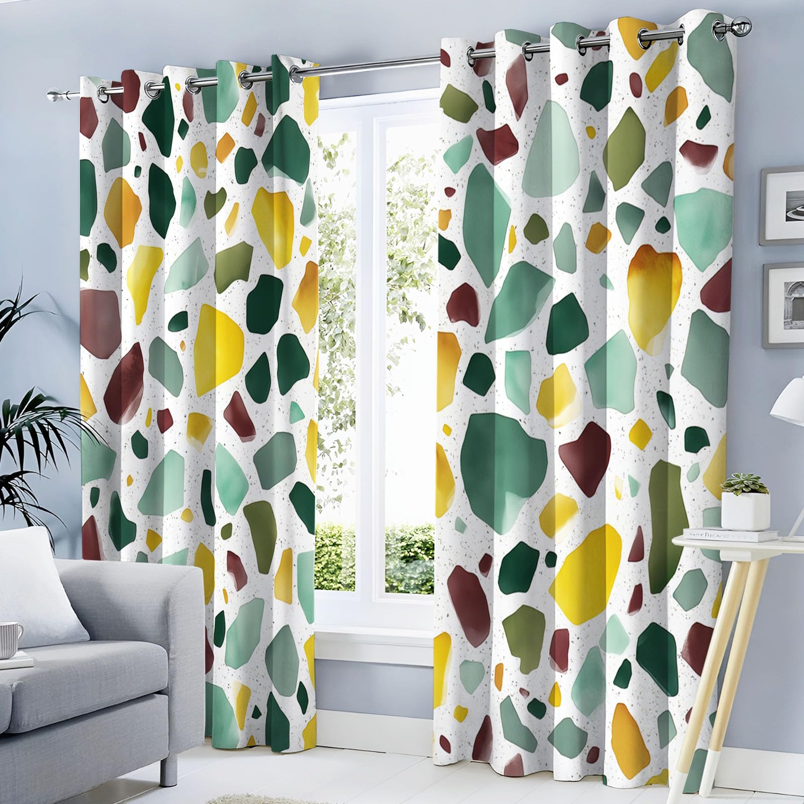Rideau aquarelle terrazzo vert et jaune pour illuminer le design de votre salon
