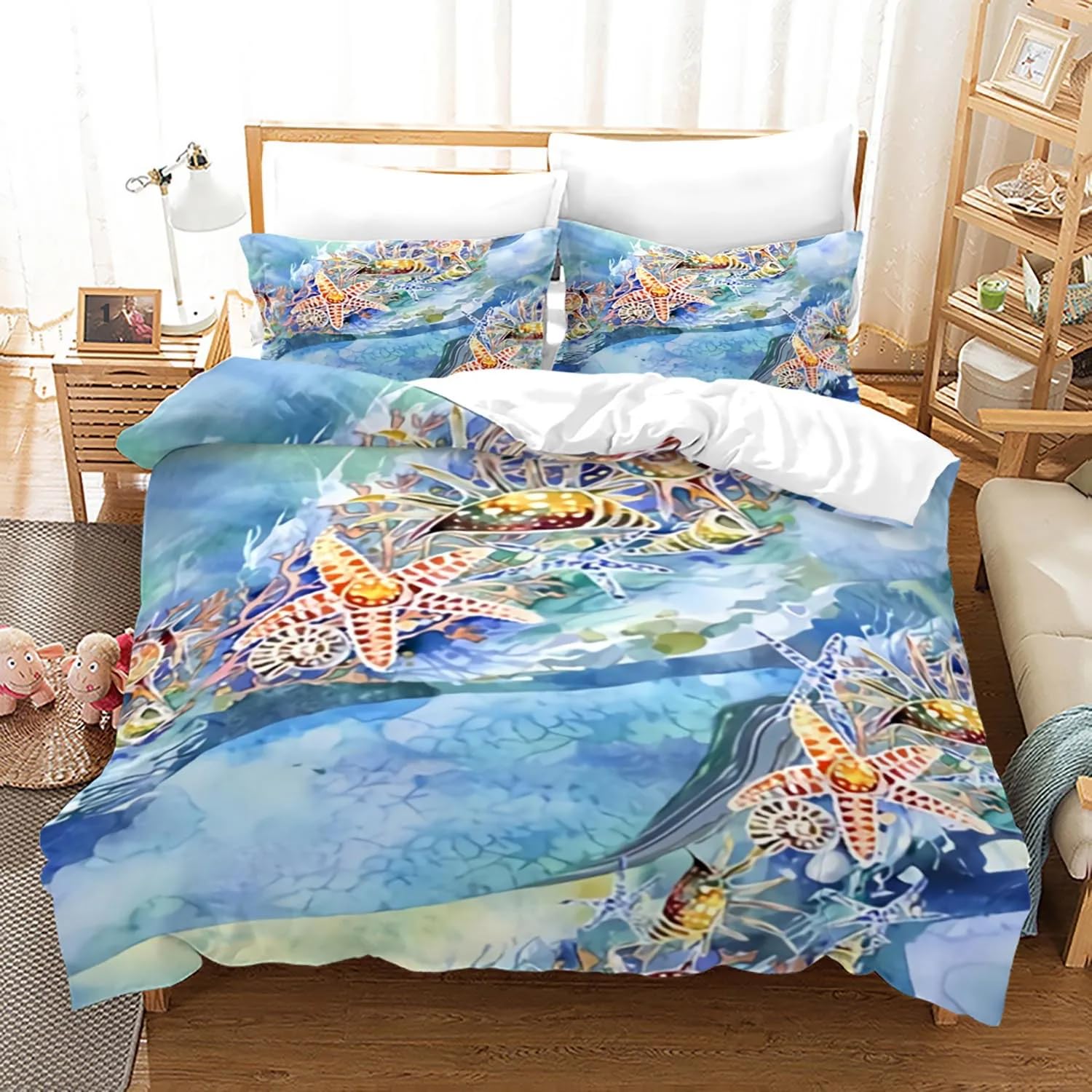 QBIDCSX Bedding Double Bed Set Starfish Bedding Double Bed Set - Microfibre Quilt Cover 230x220 cm - Comforter Cover with 2 Pillowcases(Double)