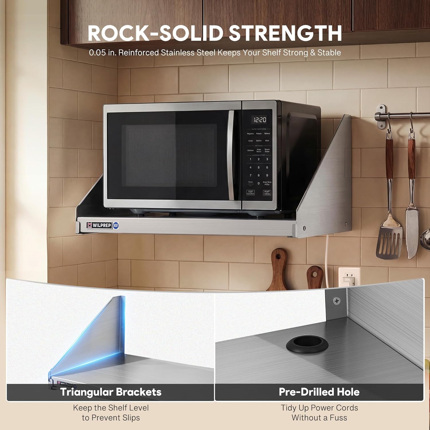 Wilprep NSF Stainless Steel Shelf, 18"x 24" Wall-Mounted Microwave Shelf for Kitchen, 220lb Metal Storage Shelf with Pre-Drilled Hole & Triangular Brackets for Restaurant Kitchen Laundry Room Garage