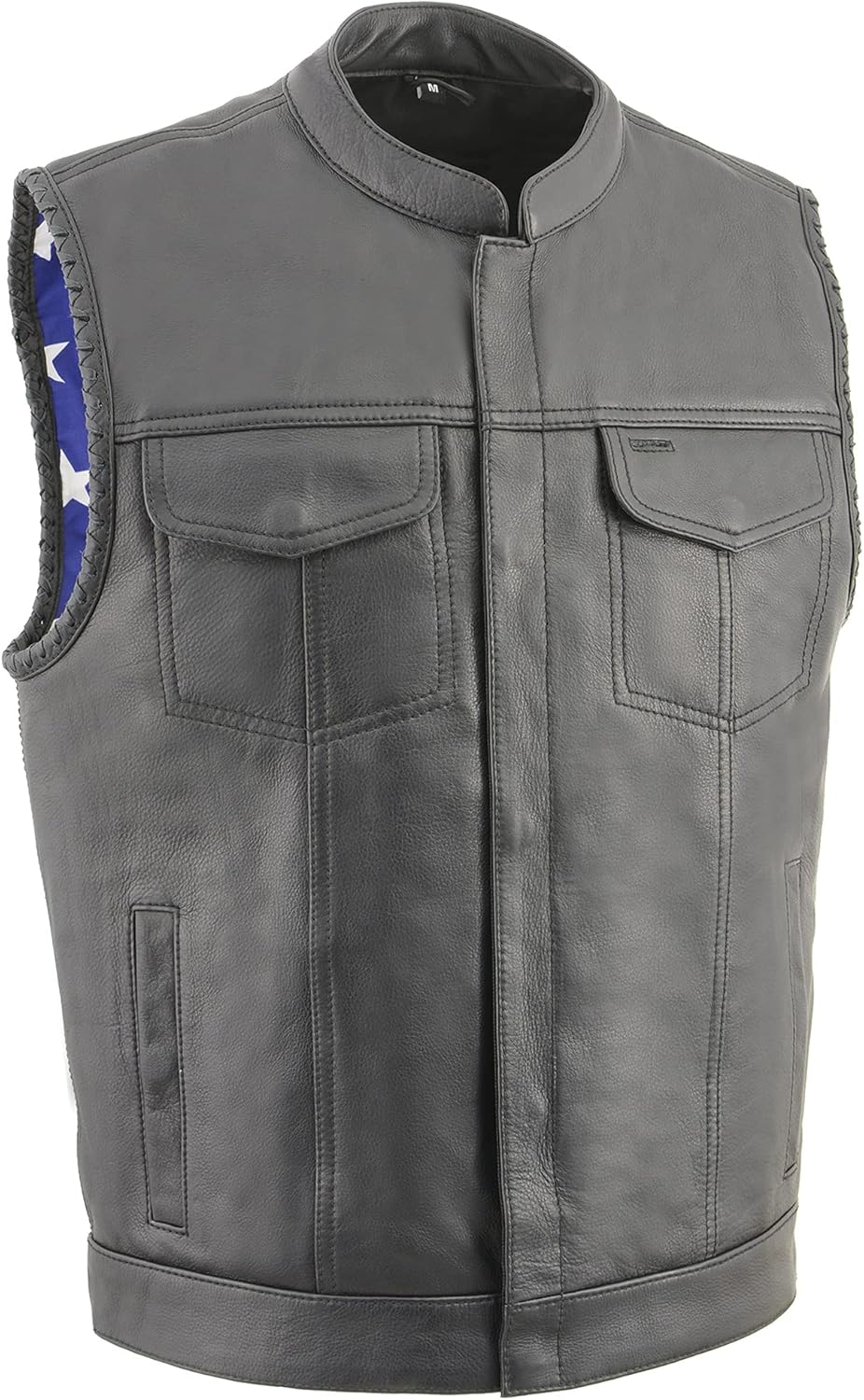 Milwaukee Leather Men's Leather Club Style Biker Vest - Braided Armholes - Flag Liner - Red, Grey, White & Black Variations