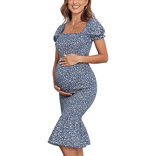 Spring Long Puff Sleeve Maternity Dress Floral Ruffle Hem Mermaid Baby Shower/Photoshoot Dress