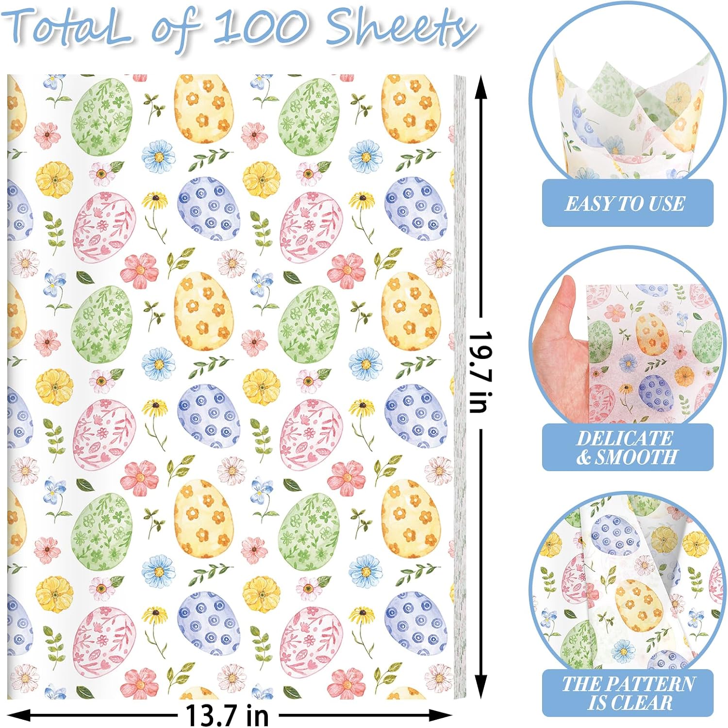 100 Sheet Colorful Egg Tissue Paper Bulk, 20x14in Colorful Egg Gift Wrapping Paper for Easter Party Bag Fillers DIY Crafts Supplies