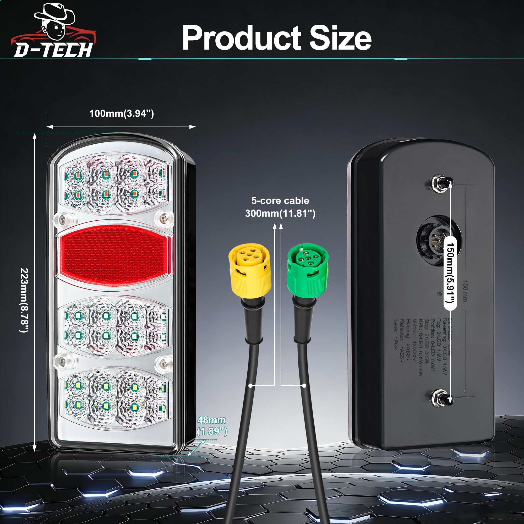 D-TECH Fanali Posteriori Rimorchio Omologati ECE 12V/24V 7 Funzioni Luci Posteriori LED Rimorchio Agricolo Fari Posteriori Furgokit per Roulotte Camion Trattore con Baionetta 5 Poli Cavo 30 cm