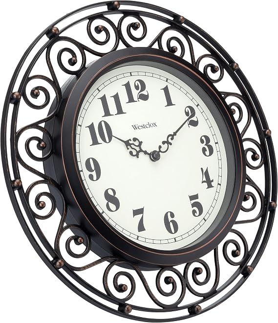 Westclox 12 Scroll Wall Clock with Open Filigree Frame, Black & Gold Finish, Metal Hands & Glass Lens (Black, 12)