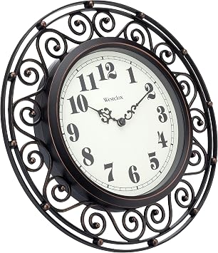 Westclox 12 Scroll Wall Clock with Open Filigree Frame, Black & Gold Finish, Metal Hands & Glass Lens (Black, 12)