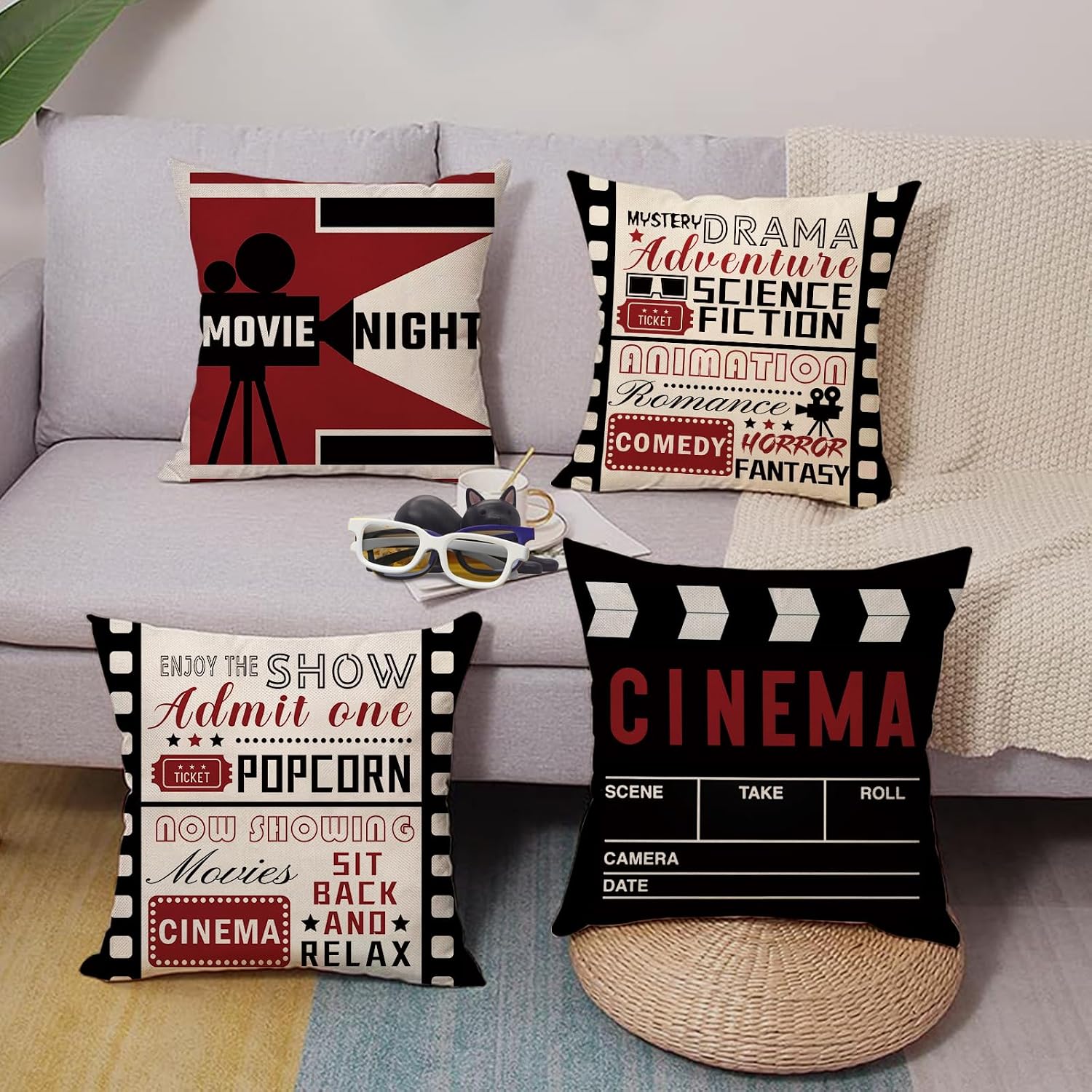 Vintage Movie Night Decorative Throw Pillow Covers 16 x 16 Set of 4 image 4