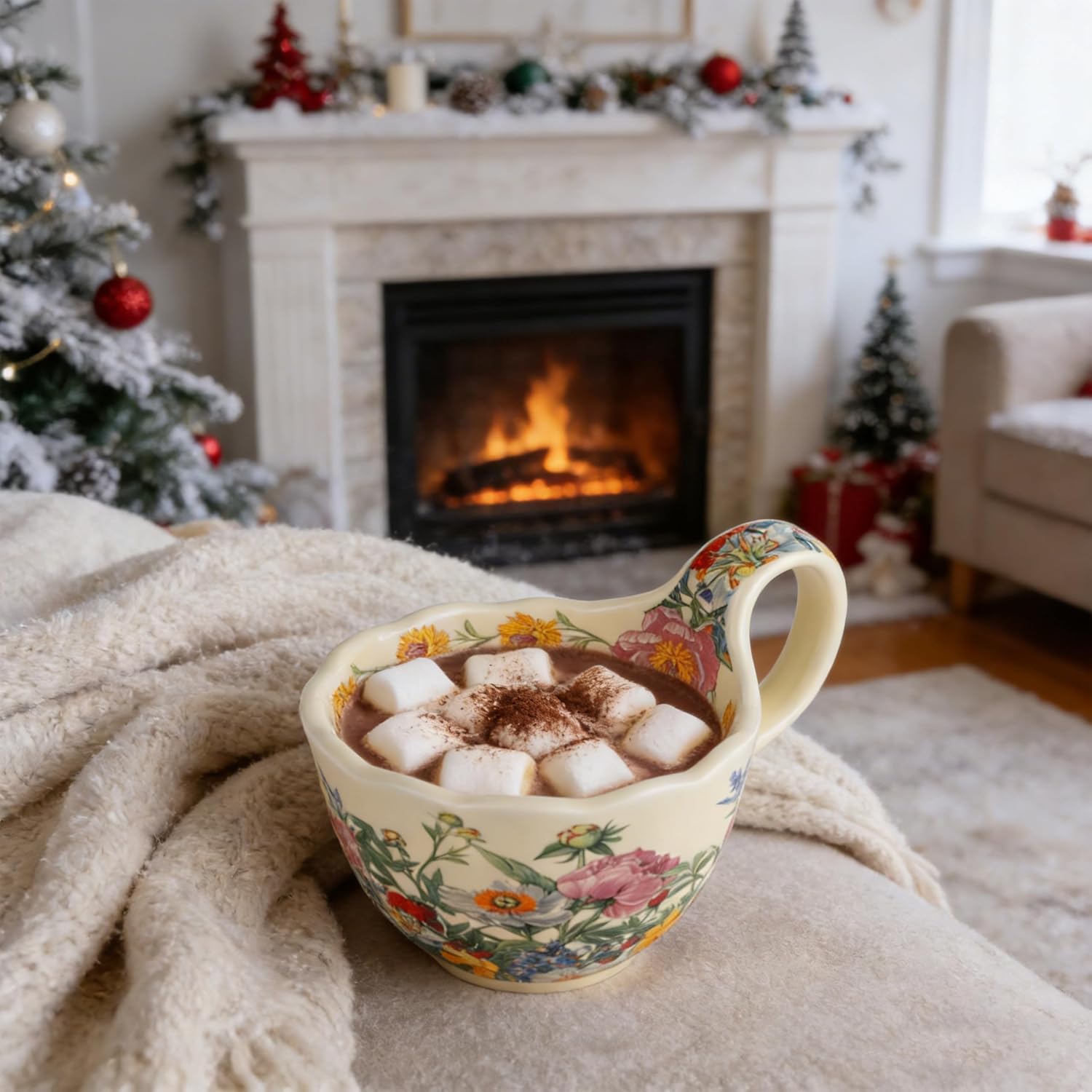 16-Ounce Microwave-Safe Soup Bowl with Loop Handle - Hand-Painted Decorative Soup Mug with Spoon - Oven-Safe Cereal Bowl for Ice Cream, Stew, Snacks, and Fruit (Blossoms)