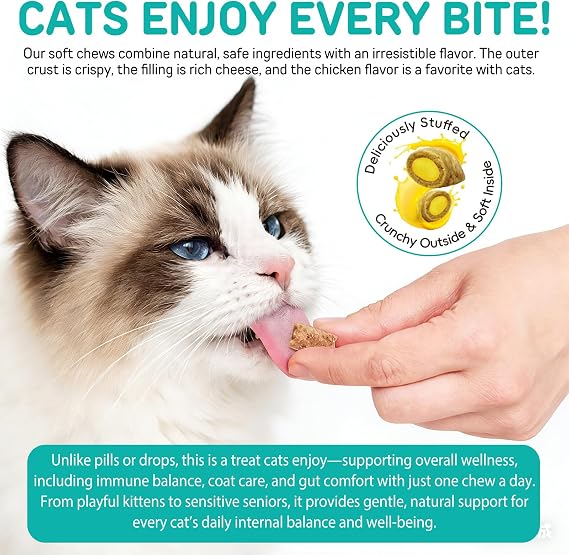 30 Chews Natural Prevention Chew for Cats–Chicken Flavor Cat Chewables with Skin & Coat Support– Prevention Supplement with Multivitamin for All Ages Pets