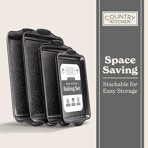 Miniatura 7 de Country Kitchen Juego de utensilios para hornear apilables antiadherentes, resistentes, duraderos, de fácil liberación, negro, 4 piezas