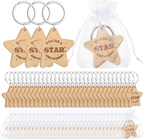 Roowest 50 juegos de llaveros de estrella a granel incluyen llavero de estrella y bolsa de organza, regalos de agradecimiento para San Valentín,