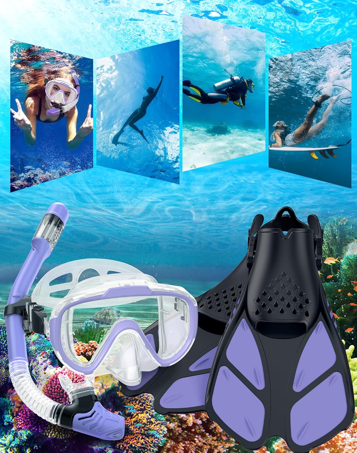 Snorkeling Gear for Adults Men Women,4 in 1 Snorkel Set with Panoramic View Diving Mask Anti-Fog Anti-Leak,Dry Top Snorkel,Fins and Travel Bag for Swimming,Snorkeling and Travel Diving - Image 7