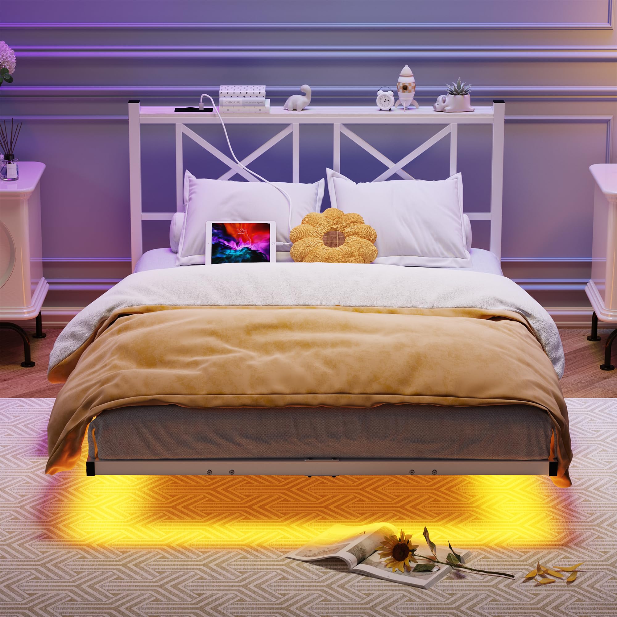ARFARLY 4ft6 Double Floating Bed Frame with LED Lights and Charging Station, Metal Platform Bed Frame Double Bed with Wooden Storage Headboard Under-bed Storage No Box Spring Needed White and OAK