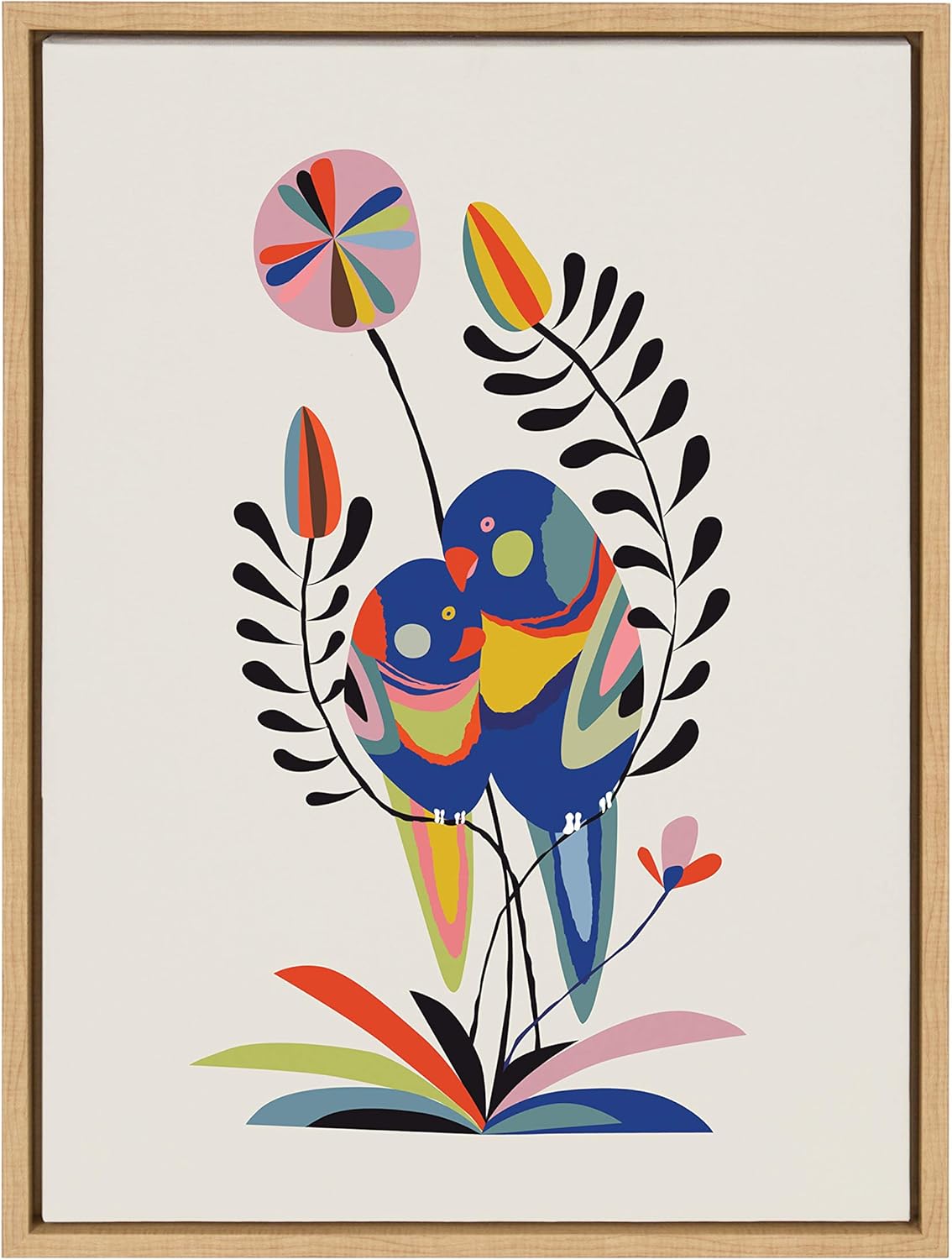 Colorful Abstract Rainbow Lorikeet Canvas Wall Art with Natural Frame