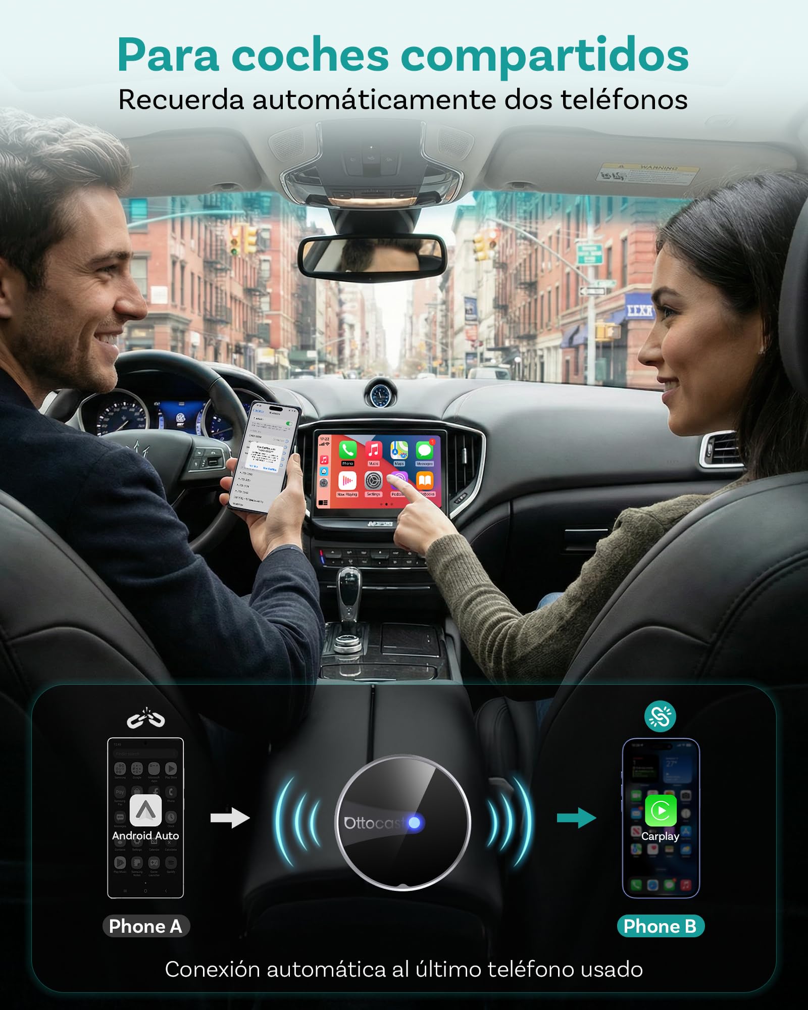 2026 Ottocast Mini Tube Adaptador Inalámbrico CarPlay & Android Auto, Convertidor de Cable a Inalámbrico, Plug & Play, Reconexión Rápida, para Vehículos con CarPlay o Android Auto con Cable