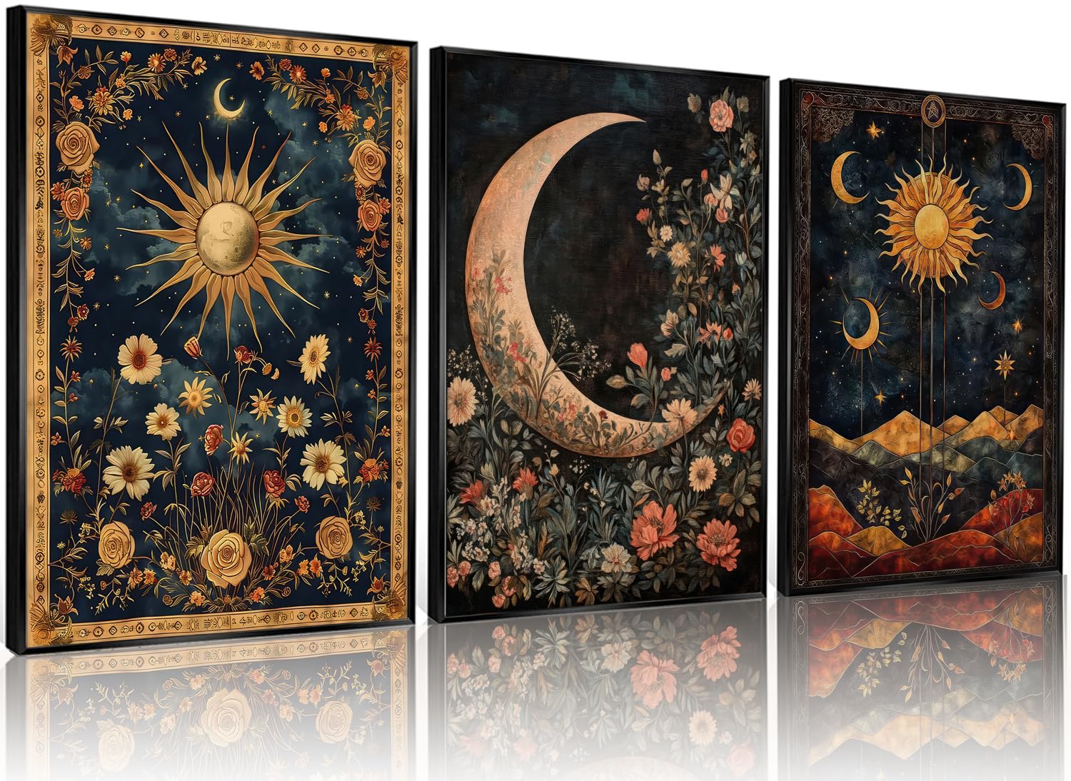 3Pcs Sun And Moon Celestial Wall Art Gothic Pictures Wall Decor Vintage Moon Moody Floral Pictures Aesthetic Witchy Canva Prints Aesthetic Dark For