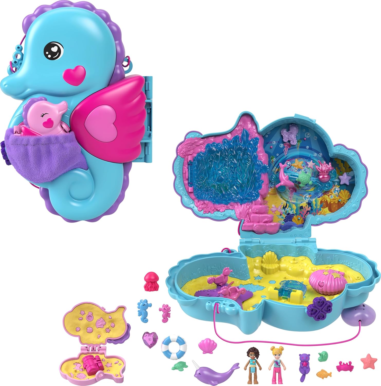 Polly Pocket Dolls & Playset with Pets & 13 Accessories, 2-in-1 Daddy & Me Seahorse Wearable Purse & Animal Toy, Starring Shani (Amazon Exclusive)