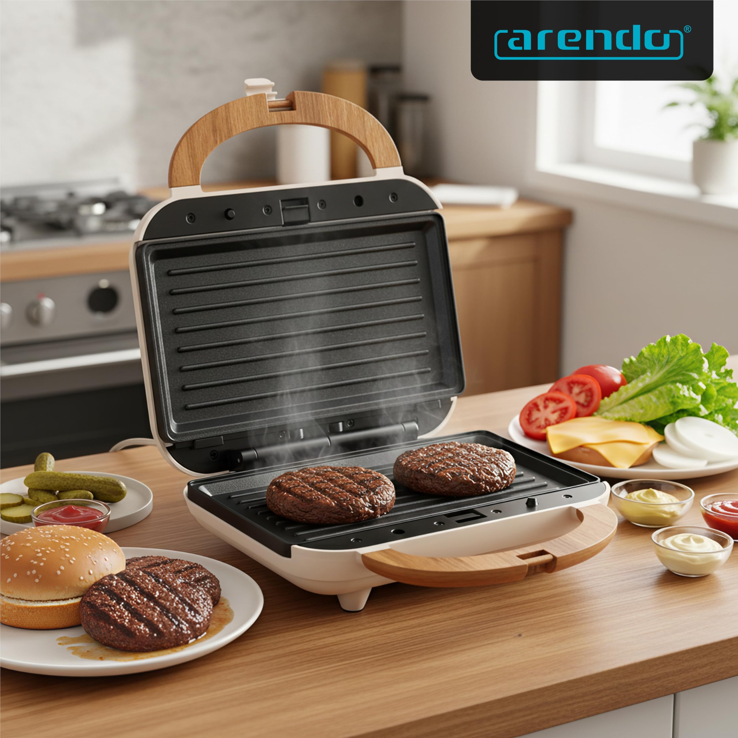 Arendo - Gofrownica waflowa podwójna – 3 w 1, grill kontaktowy ze zdejmowanymi płytami – 2 strefy – z powłoką zapobiegającą przywieraniu – nie zawiera BPA – kontrola temperatury – opiekacz do kanapek