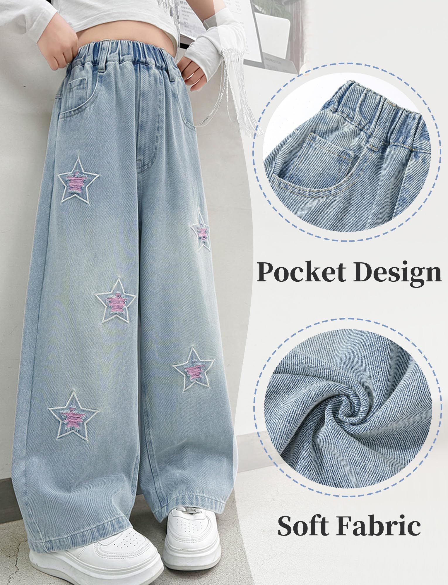 Jeans rasgados para niñas, cintura alta elástica, pierna ancha, pantalones de mezclilla desgastados con bolsillos, holgados, casuales, ropa de calle 5-14 años, star, 5-6 años