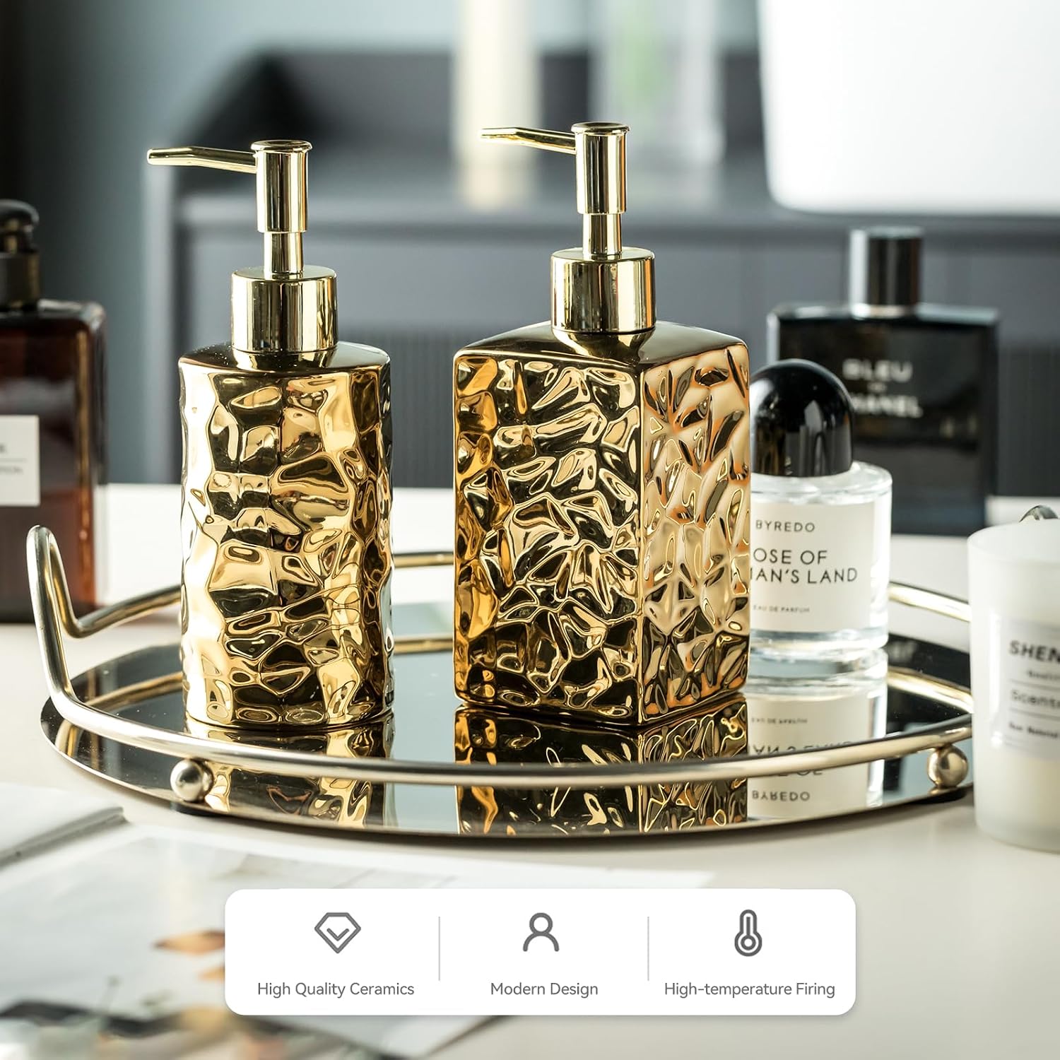 Gets Ceramic Soap Dispenser Gold Square Hammered Texture Refillable Pump image 2