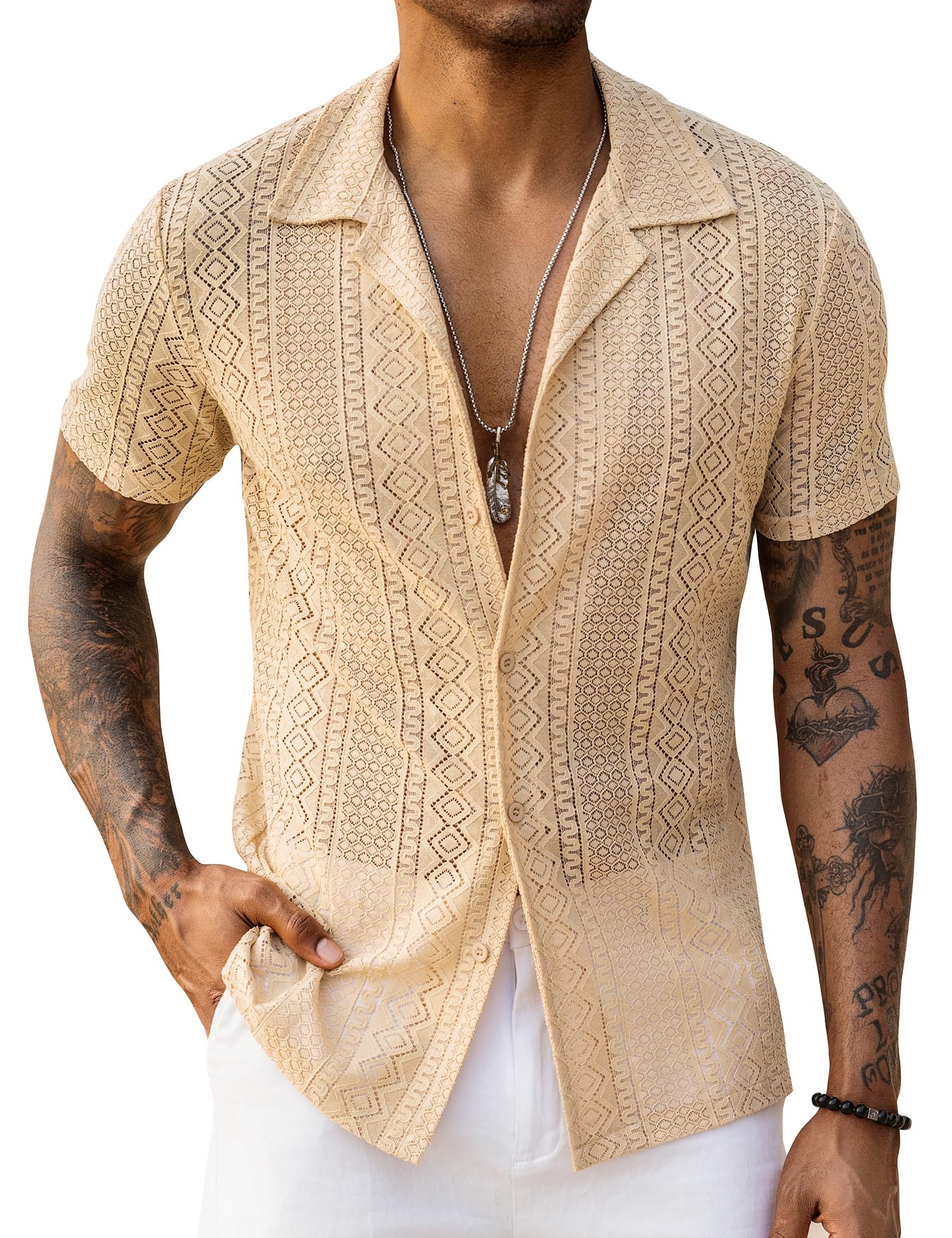 URRU Camisa de encaje floral para hombre, manga corta, con abertura, transparente, informal, con botones