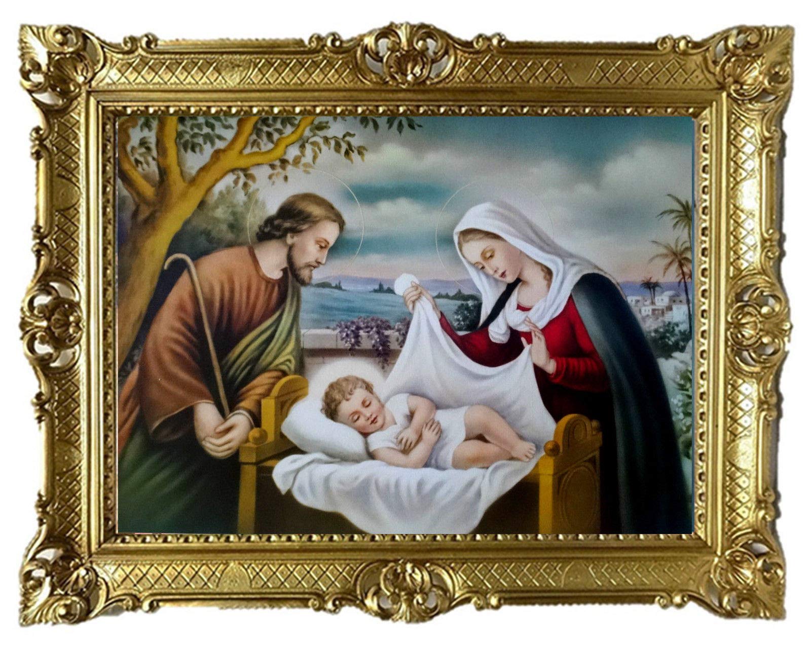 MARIA JOSEF UND JESUS IN BETHLEHEM Gemälde Antik Barock Rahmen Barockrahmen mit Bild Wandbild 70x90cm Kunstdrucke Gemälde Religiöse Bilder Kunst von Heiligen Retro Repro für Home Büro Praxis Café 58B