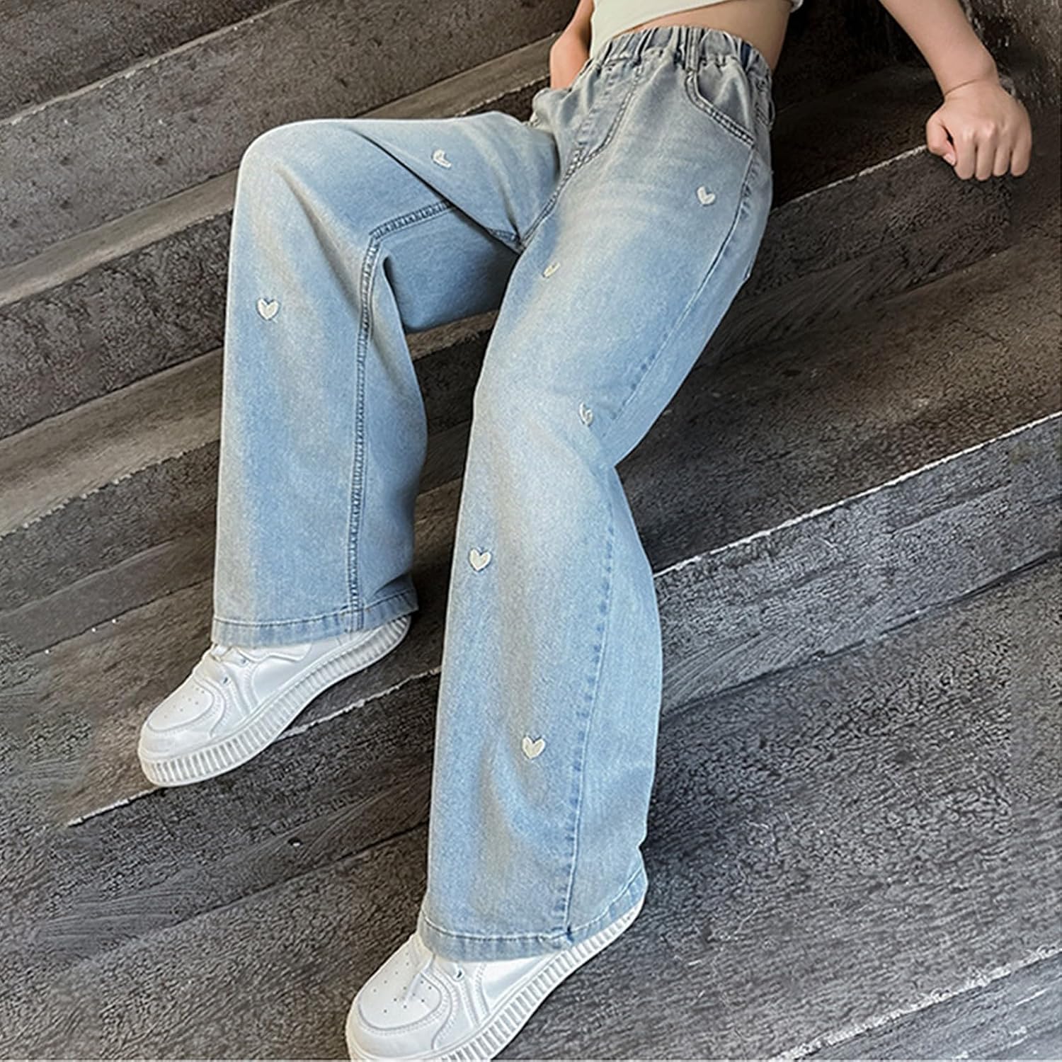 Girls Wide Leg Jeans Summer Cute Heart Elastic High Waist Denim Pants Casual Baggy Straight Washed Jean Trousers Teen