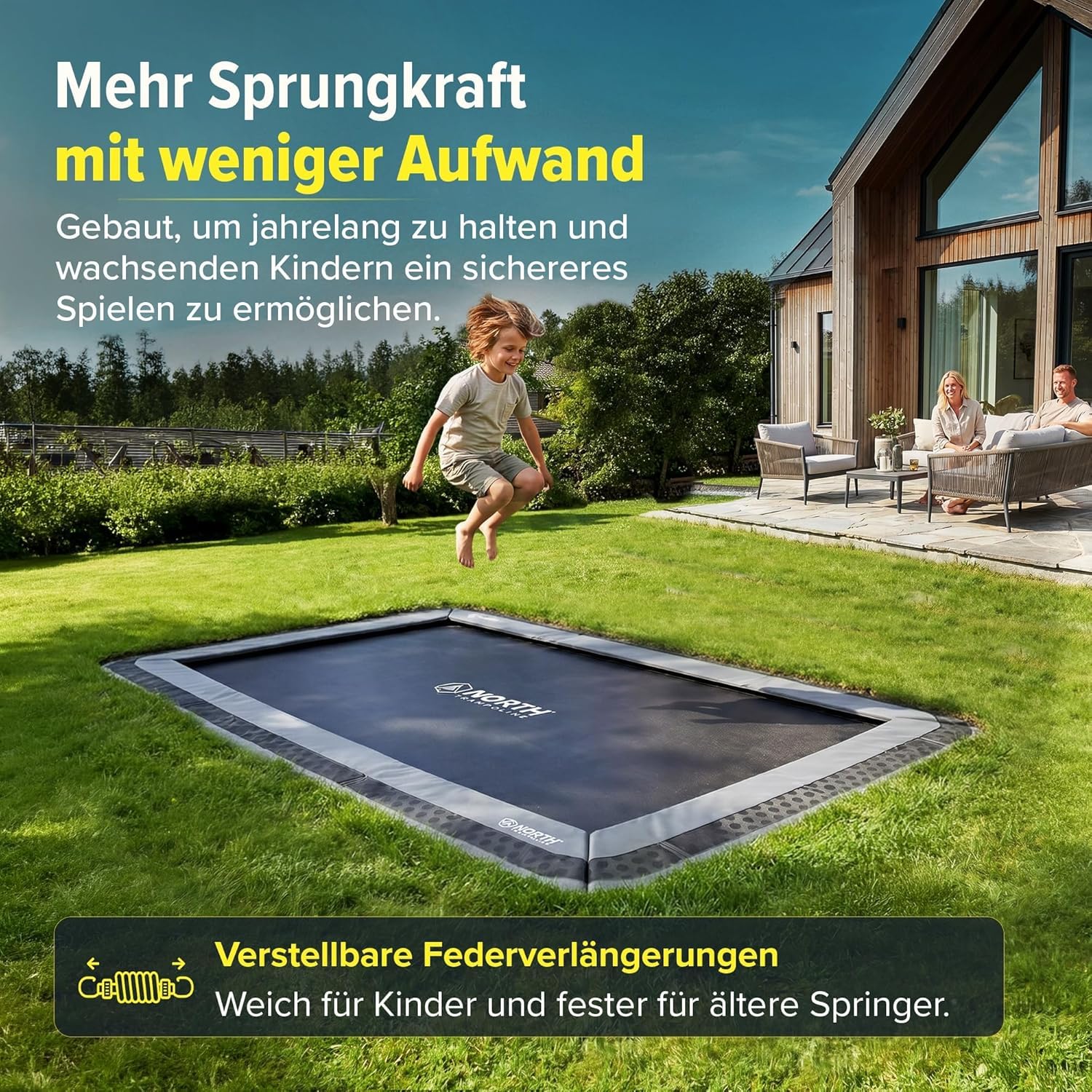 North Trampoline Boden Trampolin Outdoor mit Sicherheitsnetz & Abdeckplane – Bodentrampolin Gartentrampolin – Anpassbare Hohe Sprungkraft – TDU Belüftete Polster – Verzinkter Rahmen – Kinder, Familie