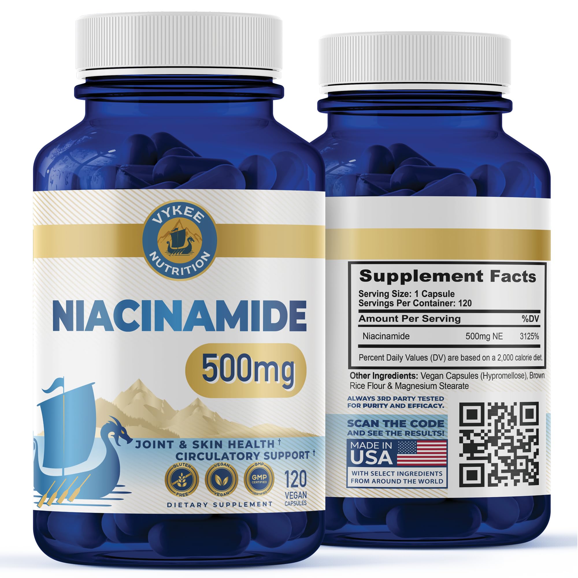 Vykee Nutrition Niacinamide Capsules 500mg High-Potency Vitamin B3 Vegan Non-GMO Supports Energy Metabolism Skin Health Cellular Repair 120
