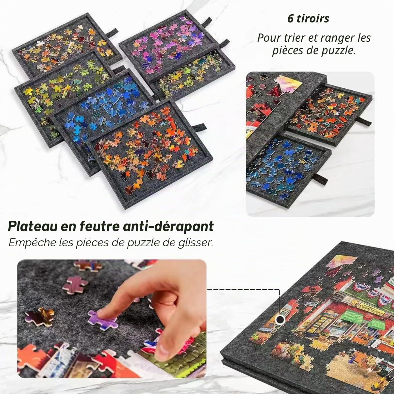 Planche de puzzle avec 6 tiroirs et couvercle, jusqu'à 1500 pièces, planche de puzzle en feutre légère et portable avec support réglable, pour adultes et enfants Dark grey 1500 pieces