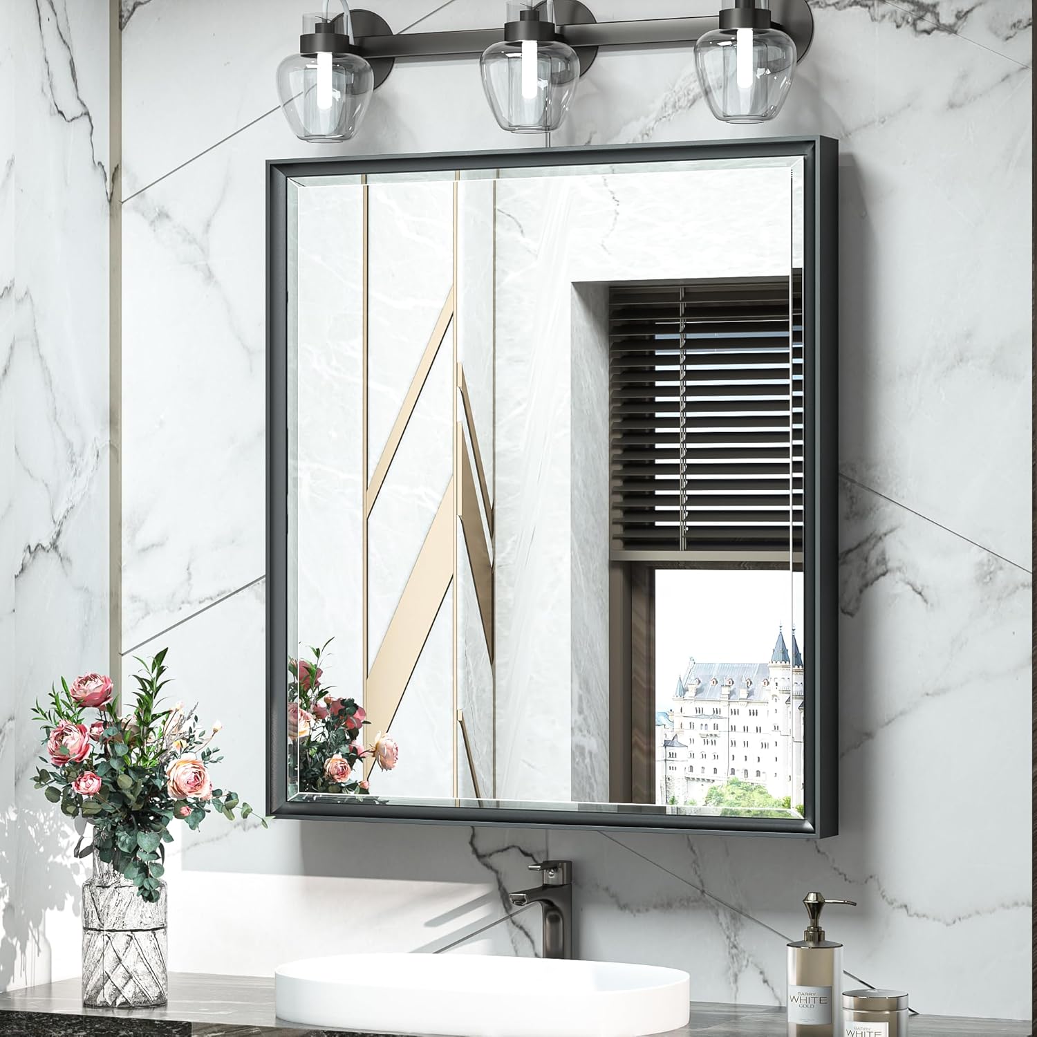 TokeShimi 24x26 Recessed Medicine Cabinet with Mirror Wall Mounted, Metal Beveled Mirror with Storage for Bathroom Vanity, Aluminum Alloy Medicine Cabinet Mirrored Black 24x26 IN Single-Door Black