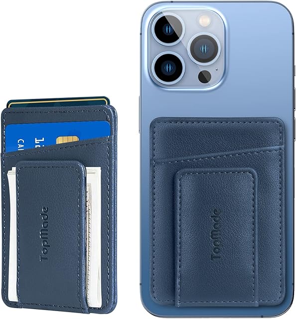 TopMade Compatible with MagSafe Wallet - Genuine Leather Minimalist Magnetic iPhone Wallet, RFID MagSafe Card Holder Sleeve for iPhone 12/ 13/ 14/ Plus/ Pro/ Pro Max, 3 Card Holder - Blue