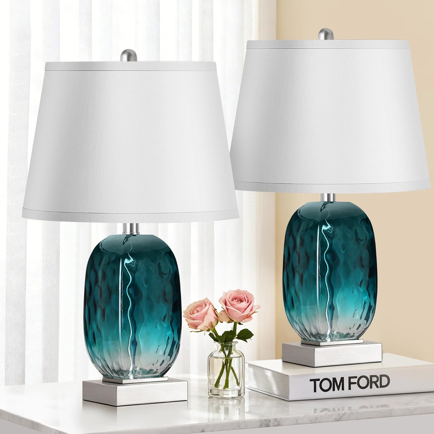 Table Lamp Set of 2 Touch Control, Coastal Teal Blue Glass Bedside Lamp with USB A+C Ports, 3-Way Dimmable Beach Nightstand Lamps with White Fabric Shade for Living Room Bedroom (LED Bulbs Included)