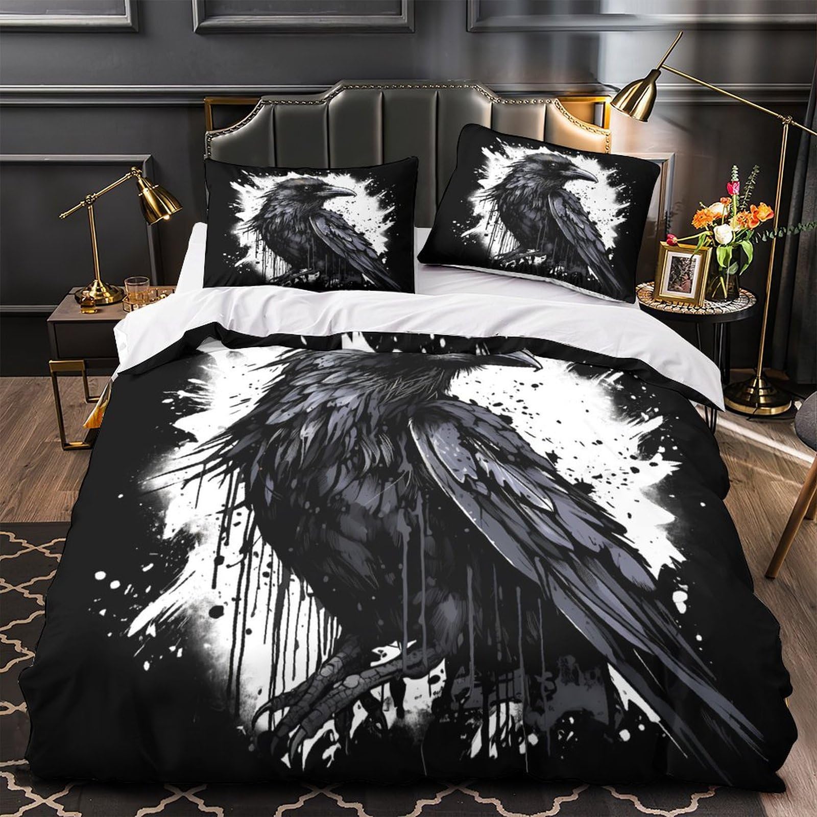 Housse de couette corbeau imprimé 3D microfibre linge de lit adulte 200x200cm