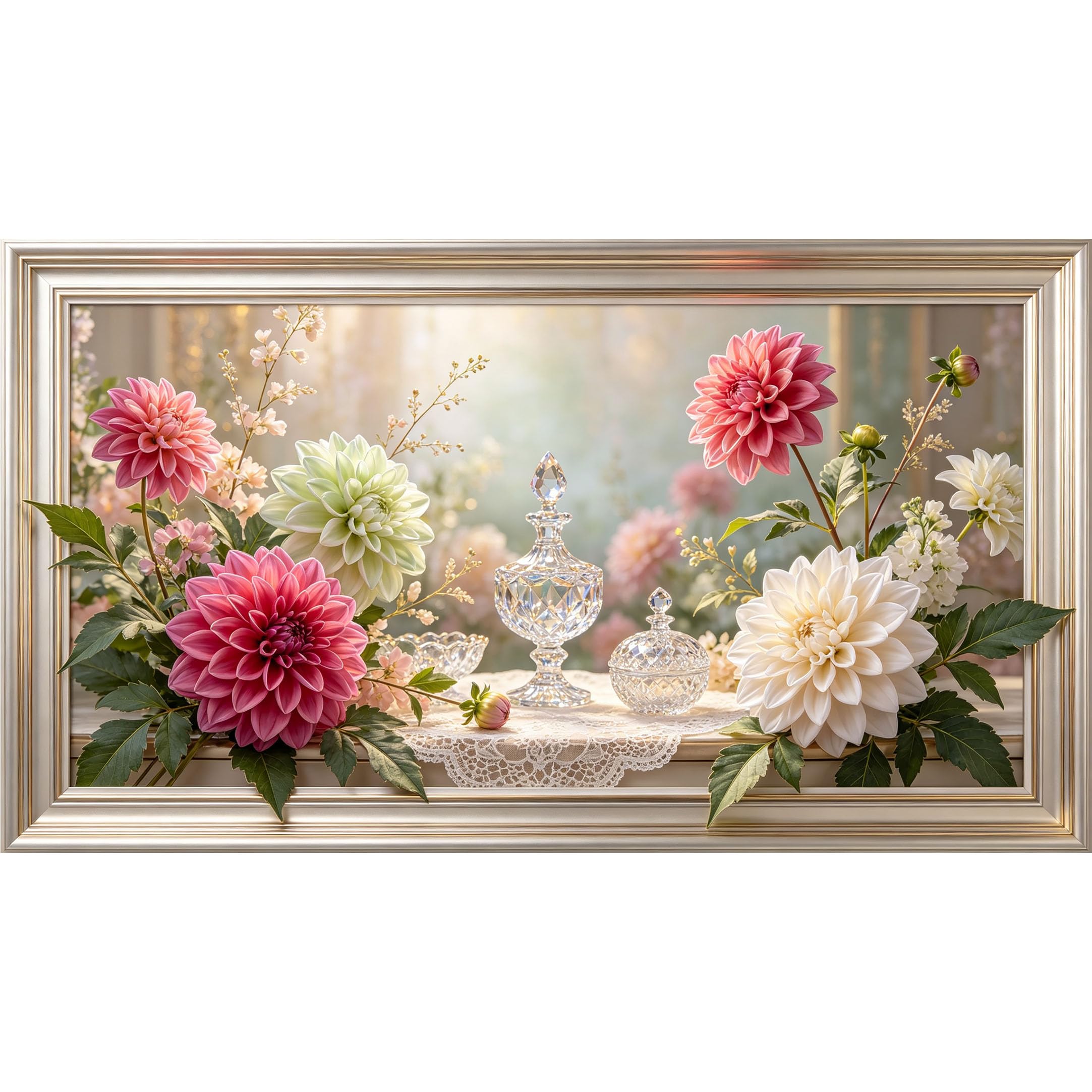 QZLITHOTIC 50x90cm3D Framed Wall Art， Botanical Dahlia Crystal Vase Still Life Self‑Adhesive Mural， Water‑Activated Peel & Stick Fabric Decor Wall Decal for Bedroom Living Room