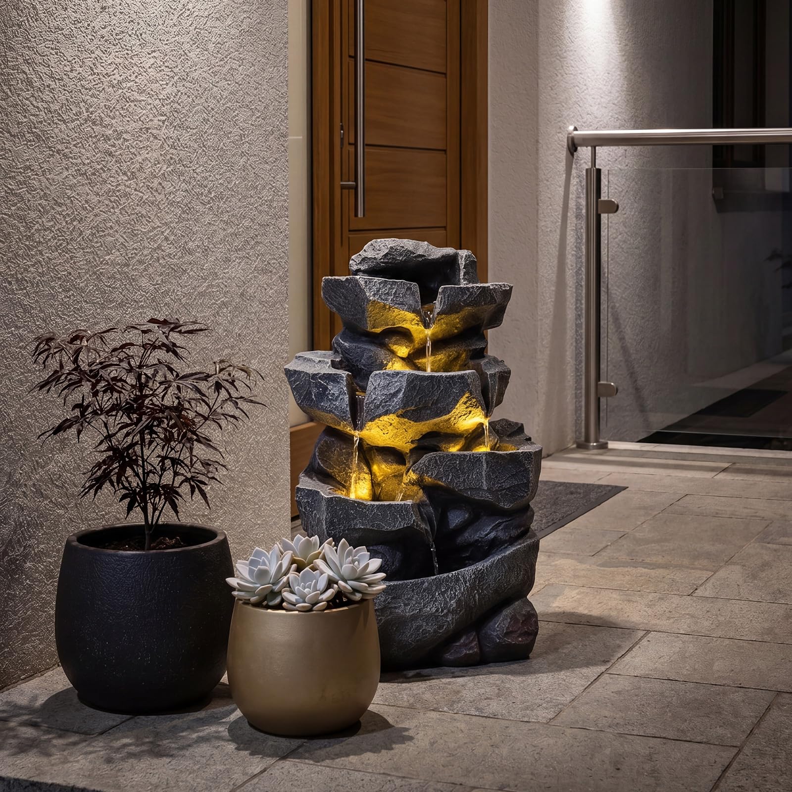 COSTWAY Fontana da Giardino a 5 Livelli, Fontana Cascata da Esterno con Luci e Flusso d'Acqua Regolabile, Fontanella Elettrica a Forma di Roccia con Effetto di Pietra da Terrazza e Balcone