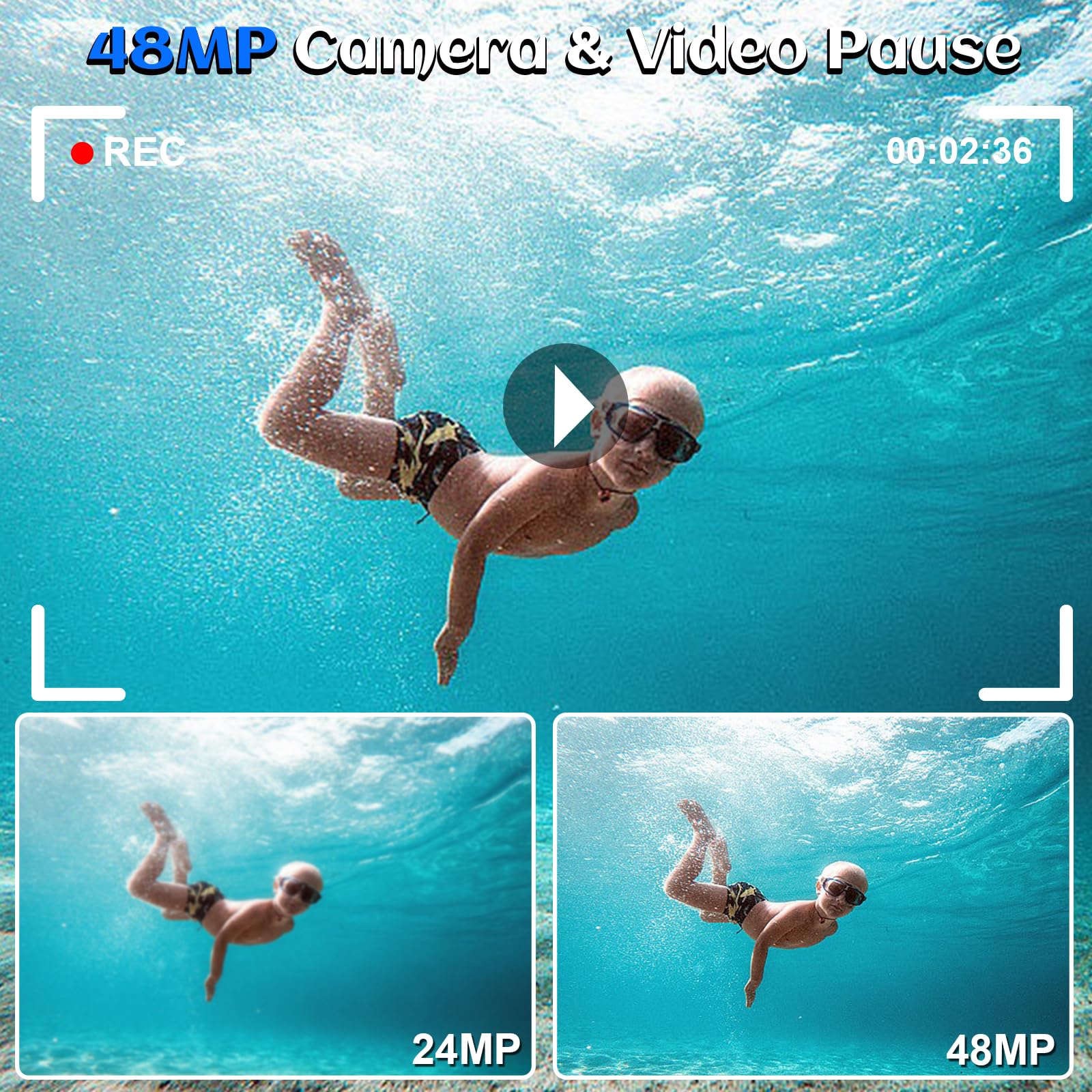 Appareil photo numérique étanche 4K 48 MP 5,2 m pour plongée avec tuba, caméra sous-marine double écran mise au point automatique avec carte de 32 Go, zoom 18x et lumière compacte