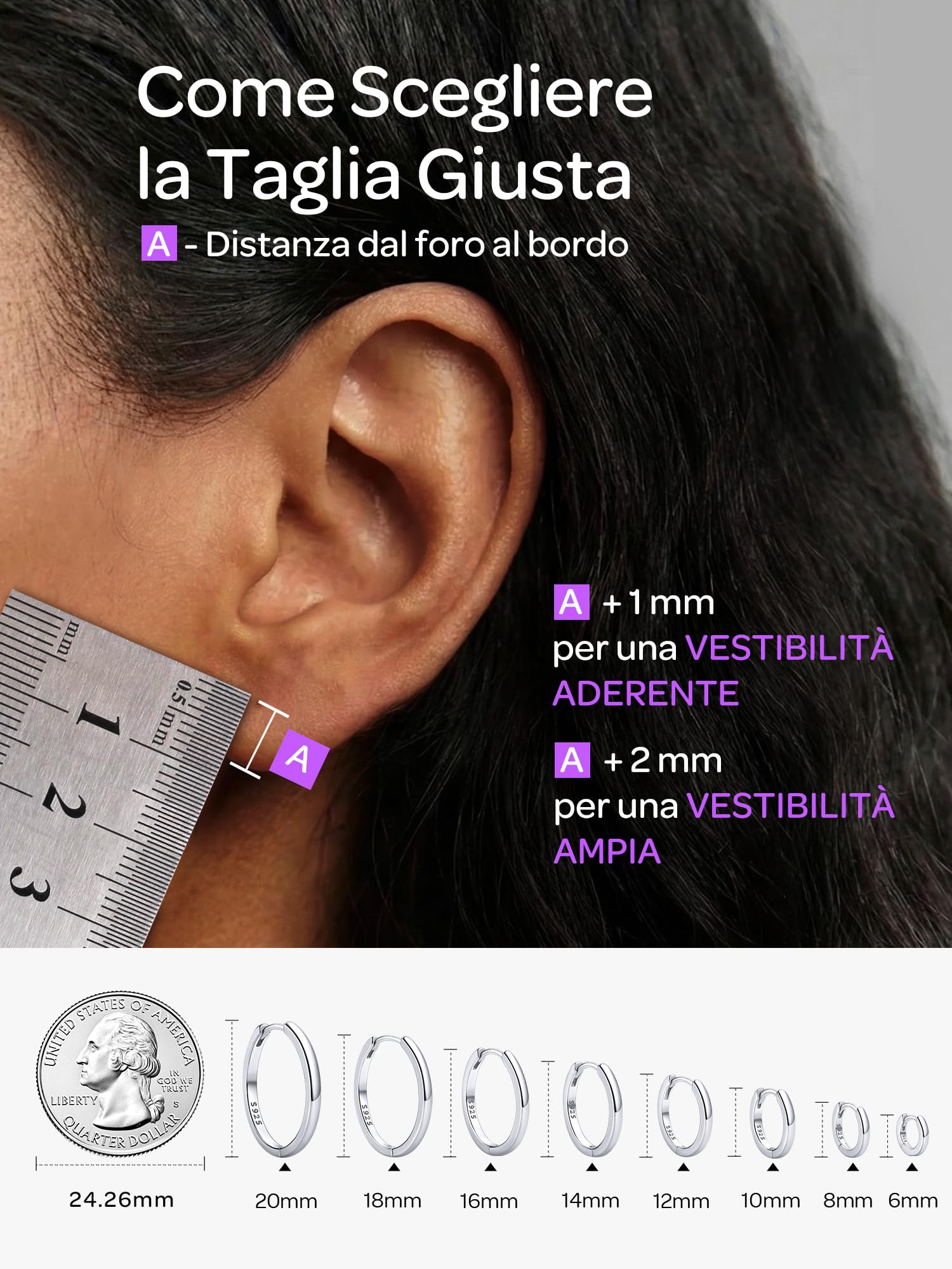 ChicSilver 6-20mm Orecchini Donna Cerchio Argento 925 Nero Oro Rosa Piccoli | argento 925, leggeri, eleganti, design semplice, può indossato insieme ad altri orecchini,idee regalo per natale anniversario