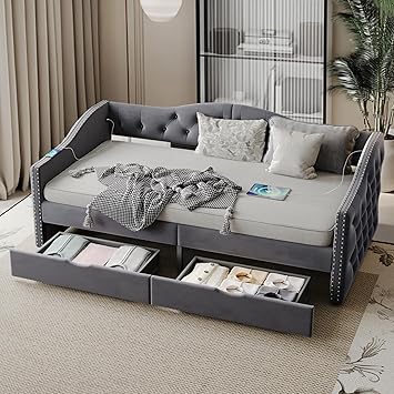 Twin Daybed with Storage, Upholstered Daybed with USB Charger and Two Storage Drawers, Button Tufted Velvet Twin Day Bed for Bedroom, No Box Spring Needed