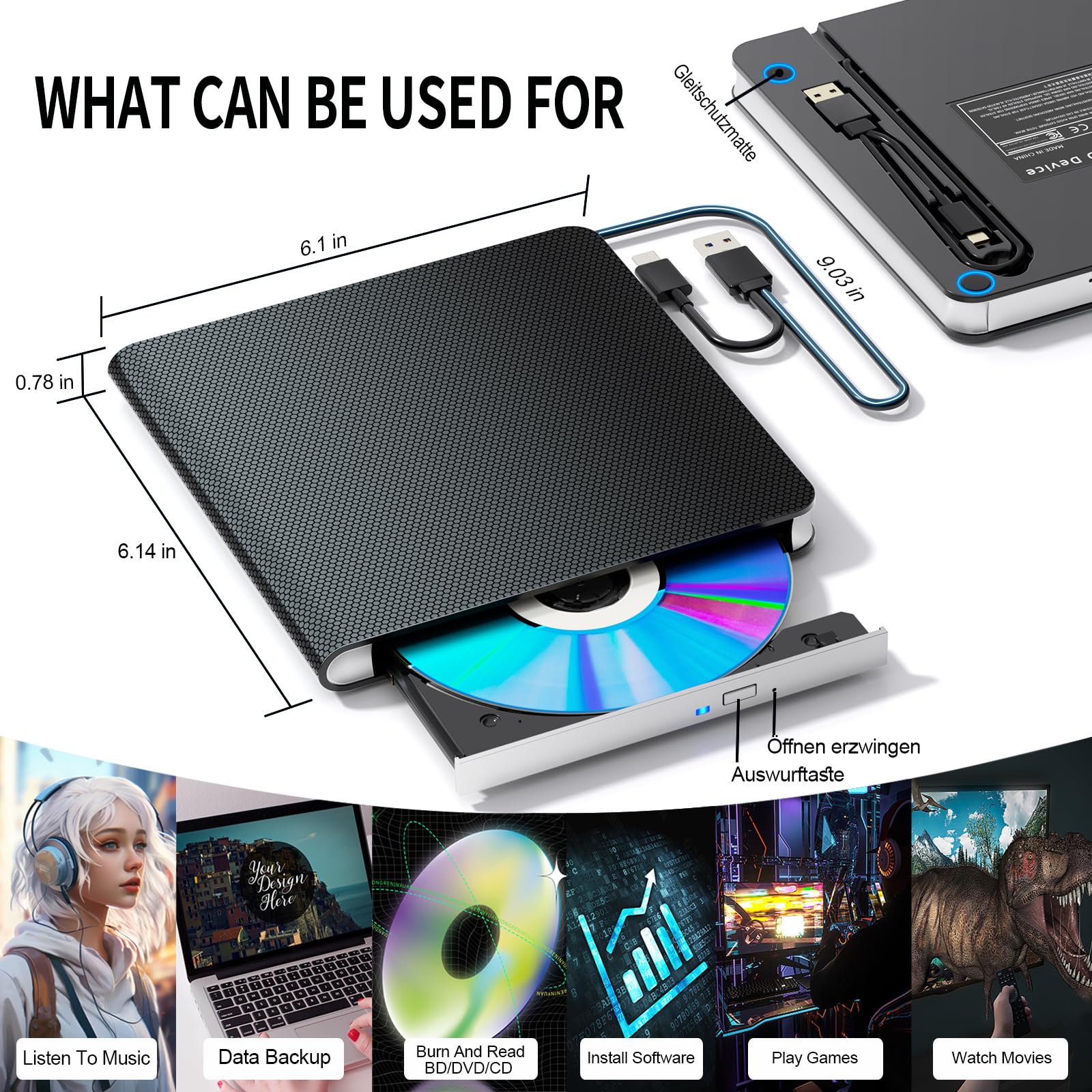 Externes Blu-ray Laufwerk Blu-ray Laufwerk BD/DVD Player Lesen/Schreiben Tragbares Blu-ray Laufwerk USB 3.0 und Typ-C DVD/BD Recorder Ultra High Definition Blu-ray Recorder für Windows 7/8/10/11/MacOS
