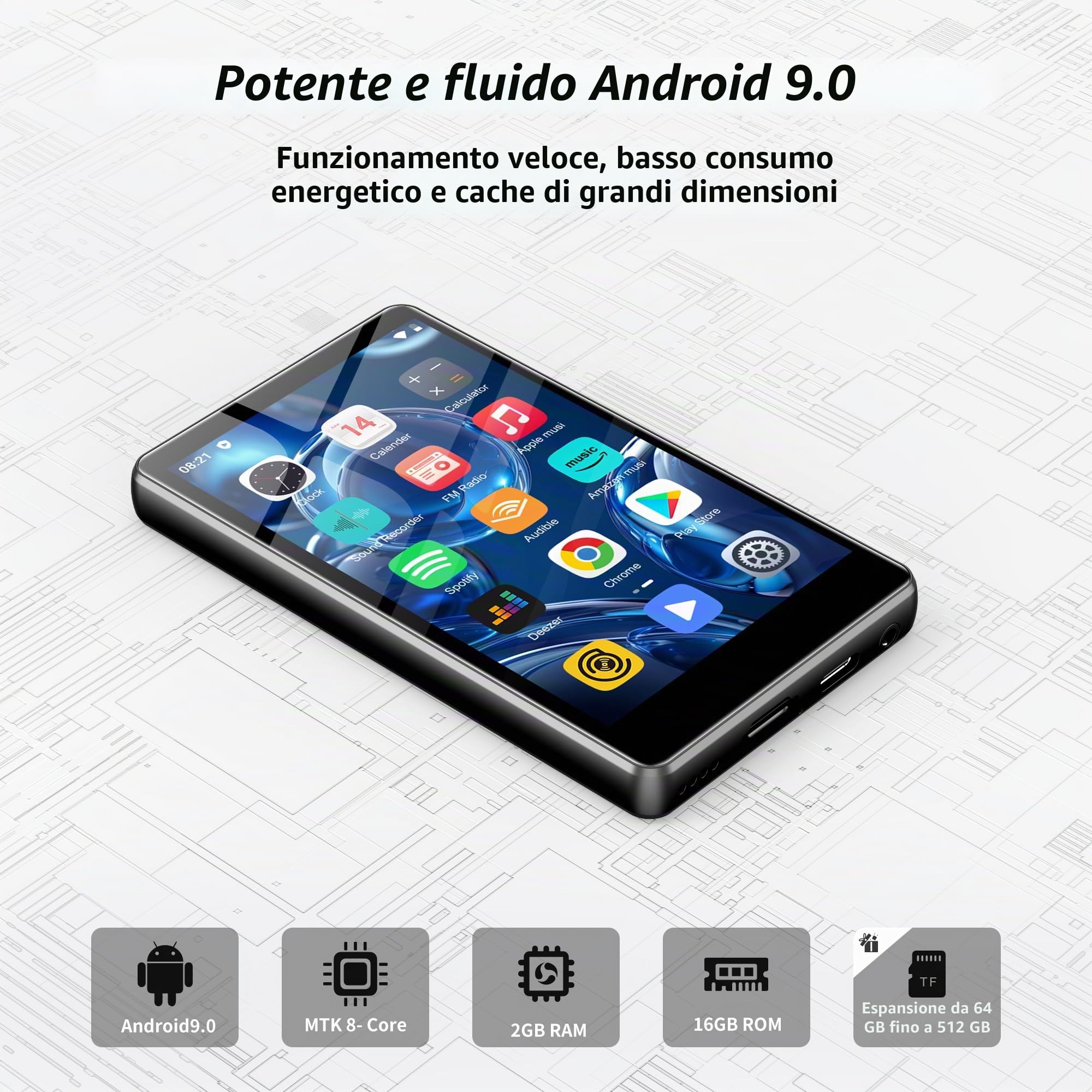SWOFY M503Pro - Lettore MP3 da 80 GB, Android, Wi-Fi, Bluetooth, schermo touch da 4", compatibile con Spotify, Amazon Music, Audible, Libby, browser web, espandibile fino a 1 TB, nero