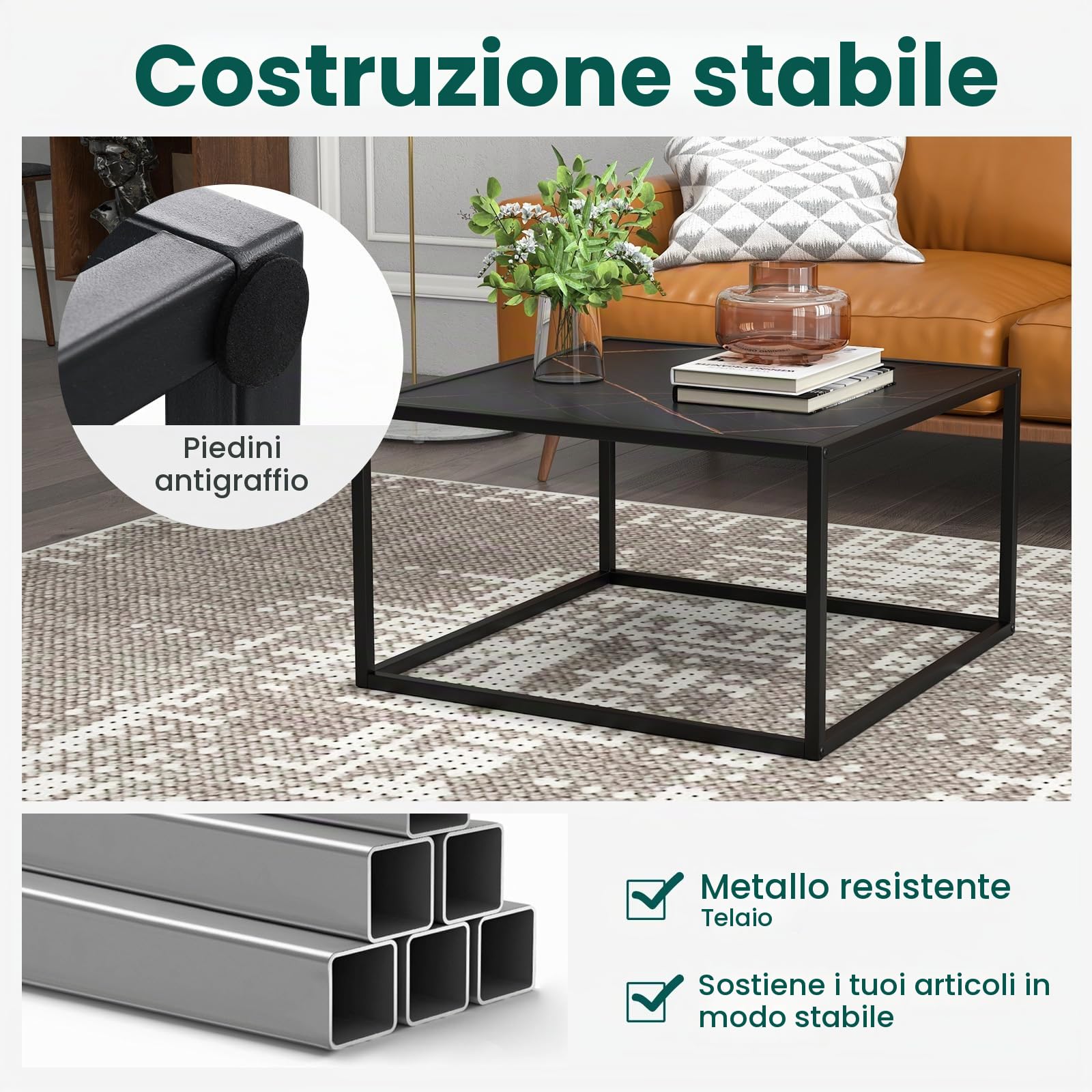 GIANTEX Tavolino da caffè effetto marmo, tavolino da tè con telaio in metallo, tavolo moderno, tavolino quadrato per soggiorno, 70 x 70 x 40 cm (nero)