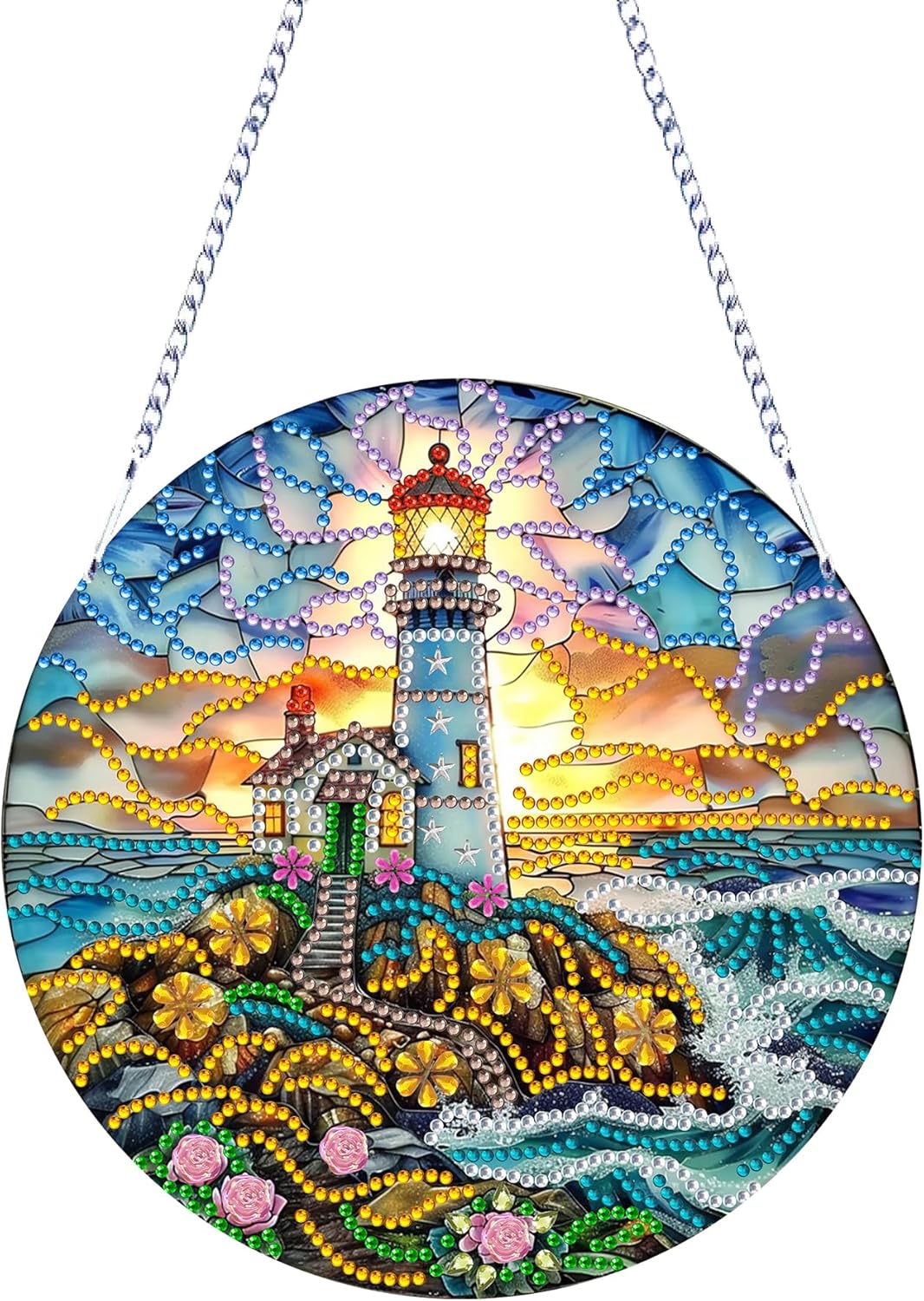 Nivvey DIY Hanging Diamonds Painting Pendant Kit Lighthouse, 7.4×7.4inch Acrylic Gem Painting Board Art Kit Ornament, Special Crystal Diamond, Box Package
