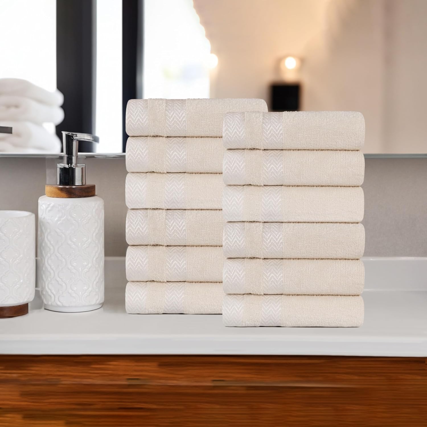 SUPERIOR Cotton Face Towel/Washcloth Set, Small Towels, Plush Soft Absorbent, Spa, Hotel, Gym, Guest, Home, Bathroom Basics, Luxury, Fluffy, Quick Dry, Hays Collection, Set of 12, Ivory