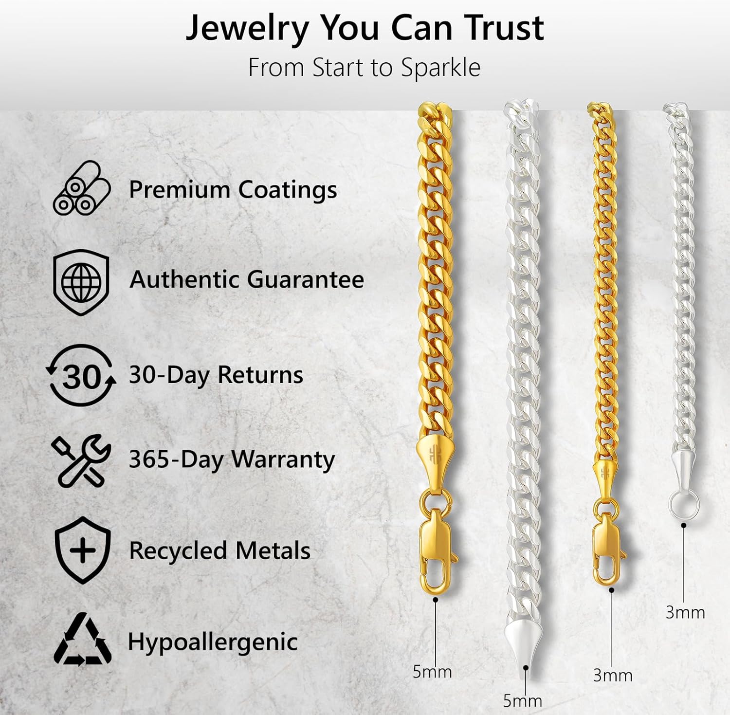 KRKC&CO Silver Cuban Link Chain for Men, Gift for Him Husband Dad, 925 Sterling / 24K Gold Plated and 316l Stainless Steel Base, 3/5mm Miami Necklace Jewelrys, Cadena de Plata - Image 4